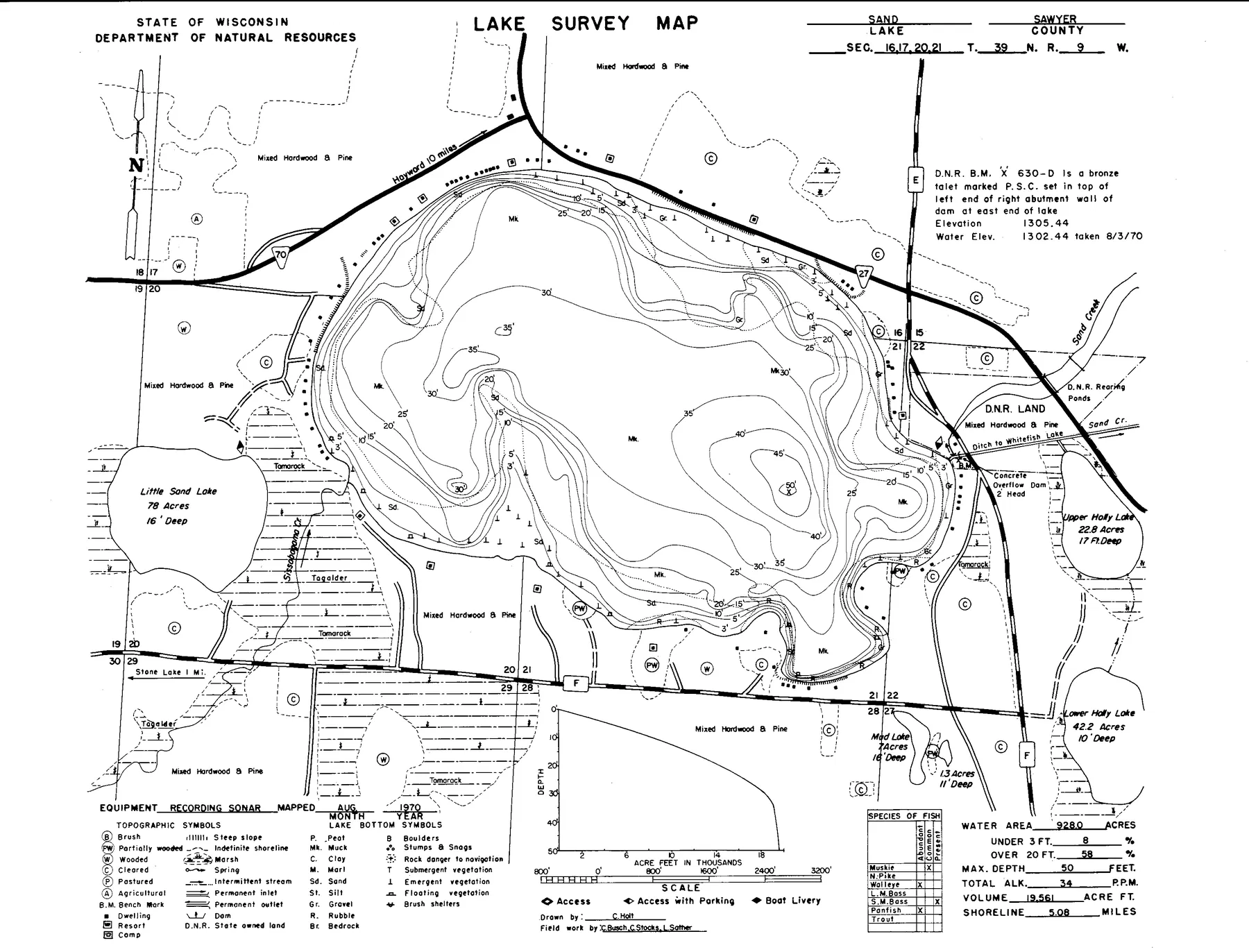 Sand Lake historical Wisconsin DNR depth map sheet 1