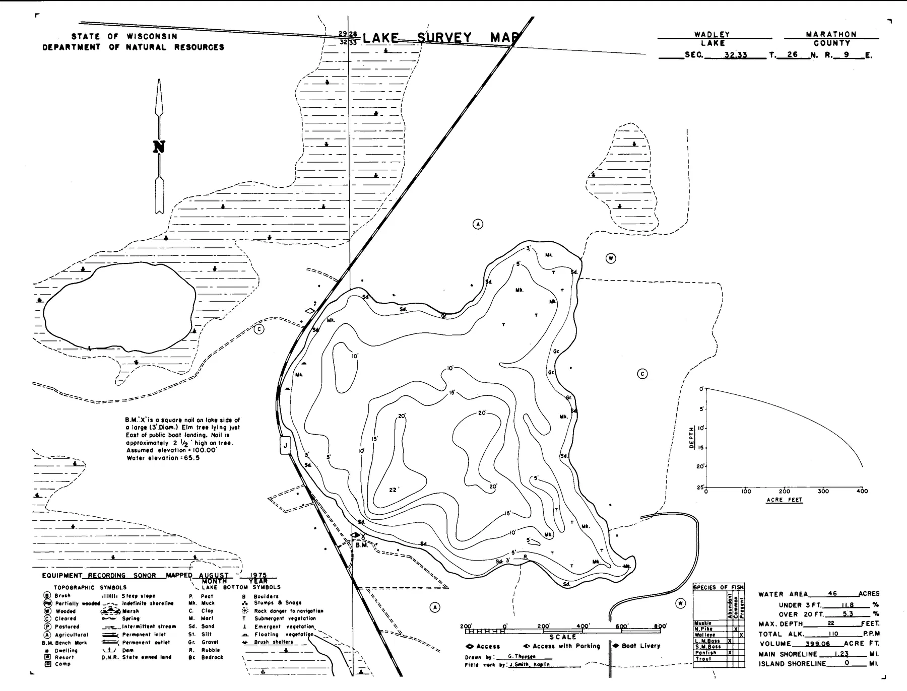 Wadley Lake historical Wisconsin DNR depth map sheet 1