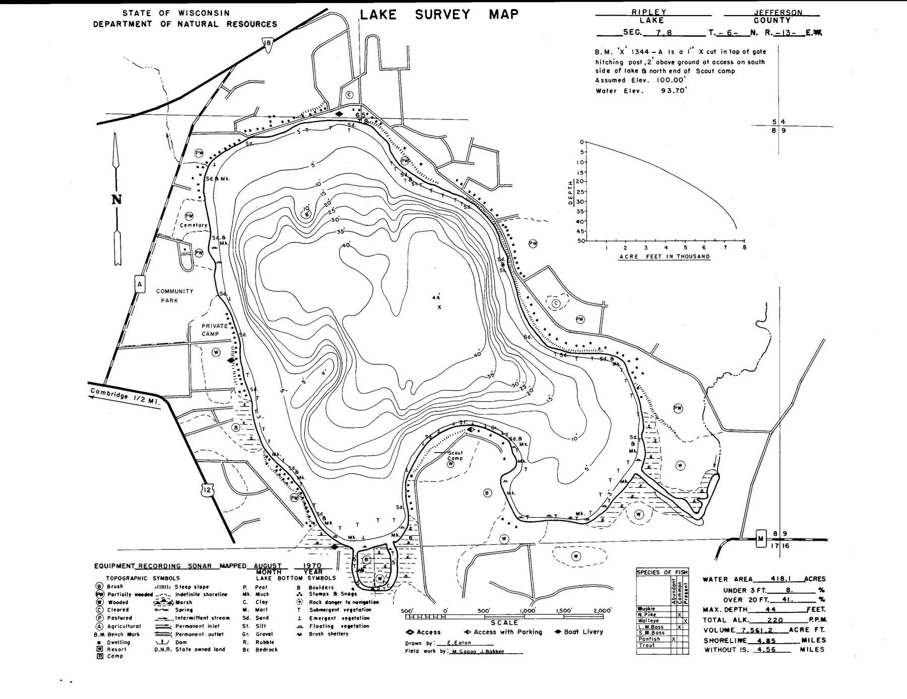 Lake Ripley historical Wisconsin DNR depth map sheet 1