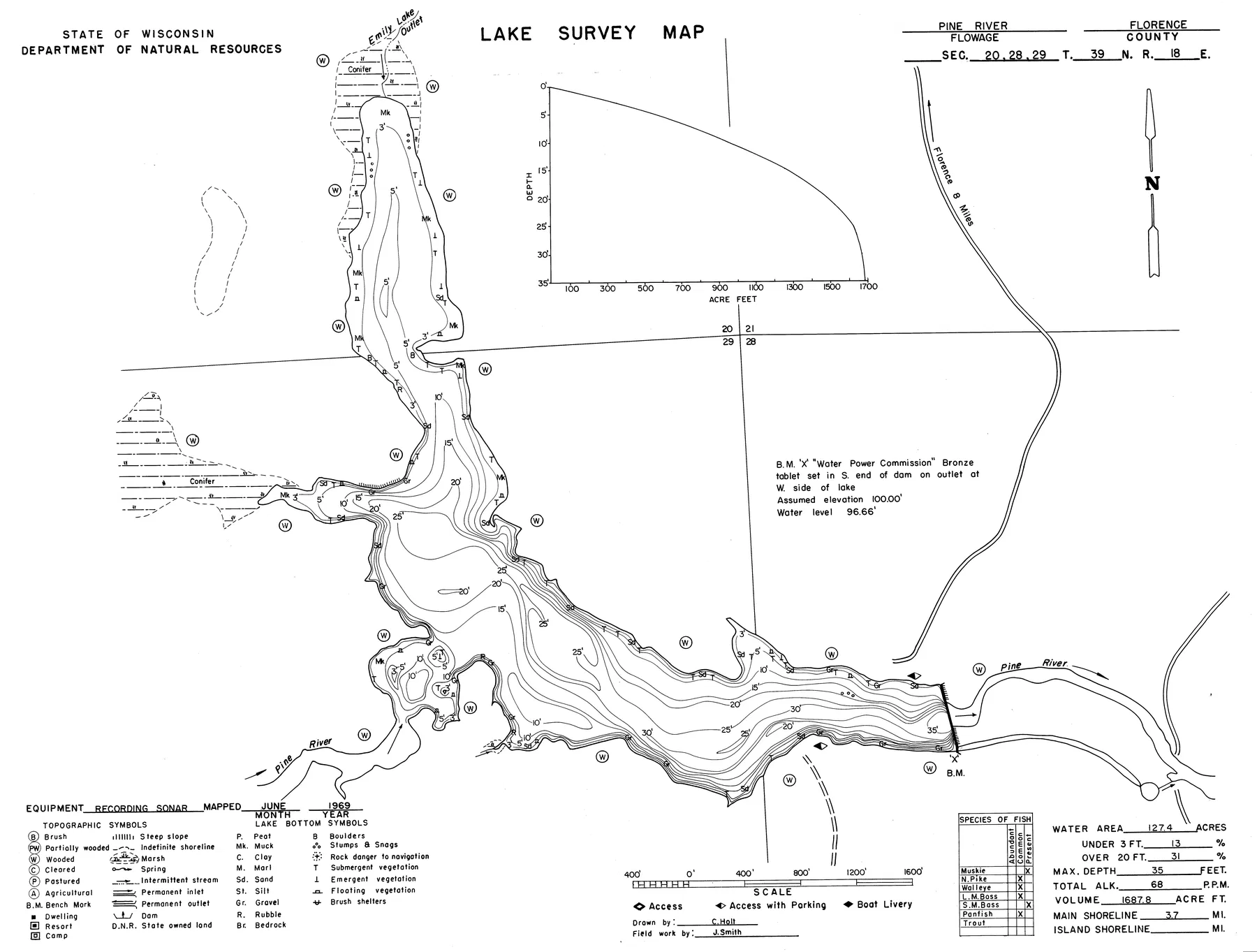 Pine River Flowage historical Wisconsin DNR depth map sheet 1