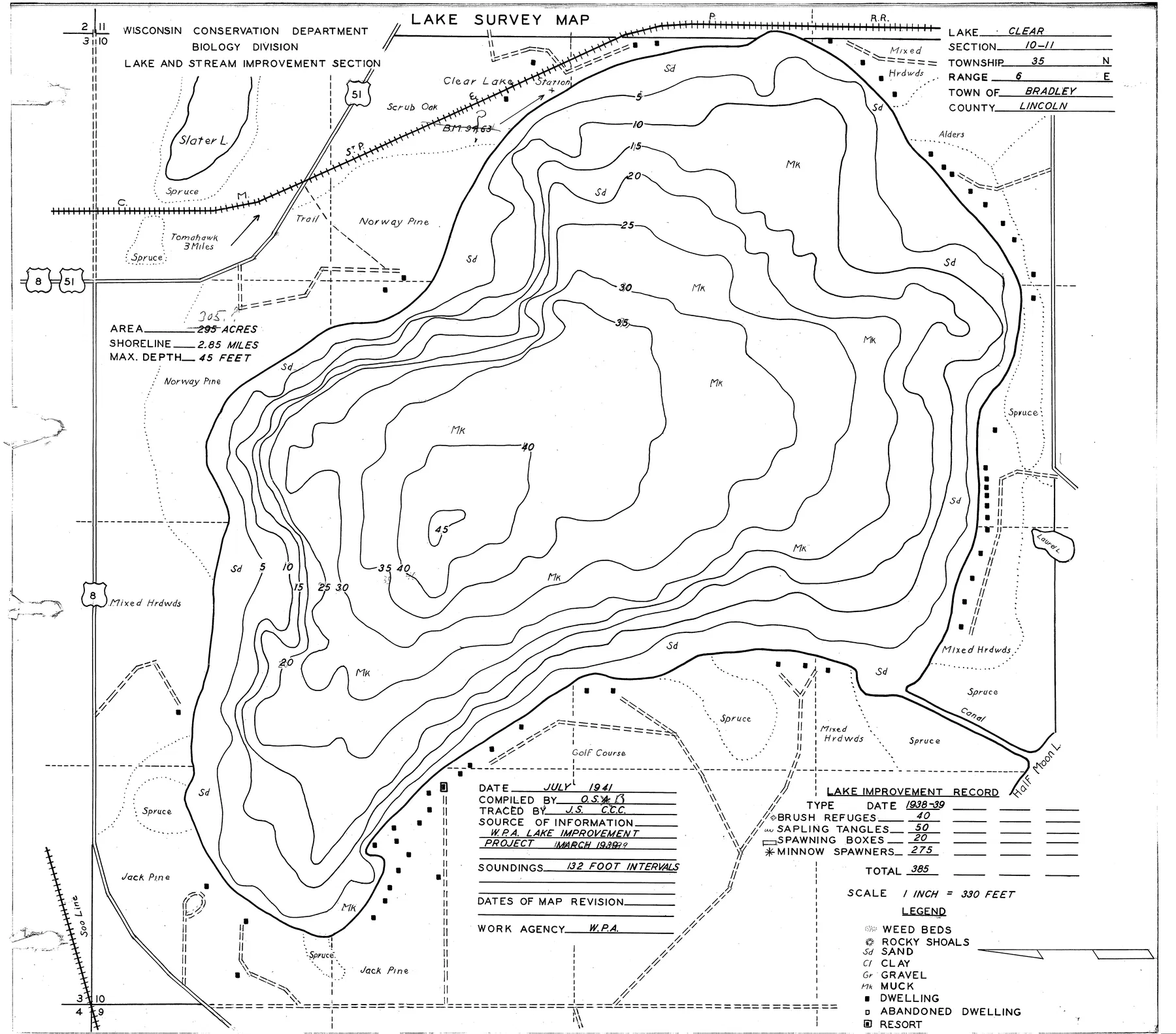 Clear Lake historical Wisconsin DNR depth map sheet 1