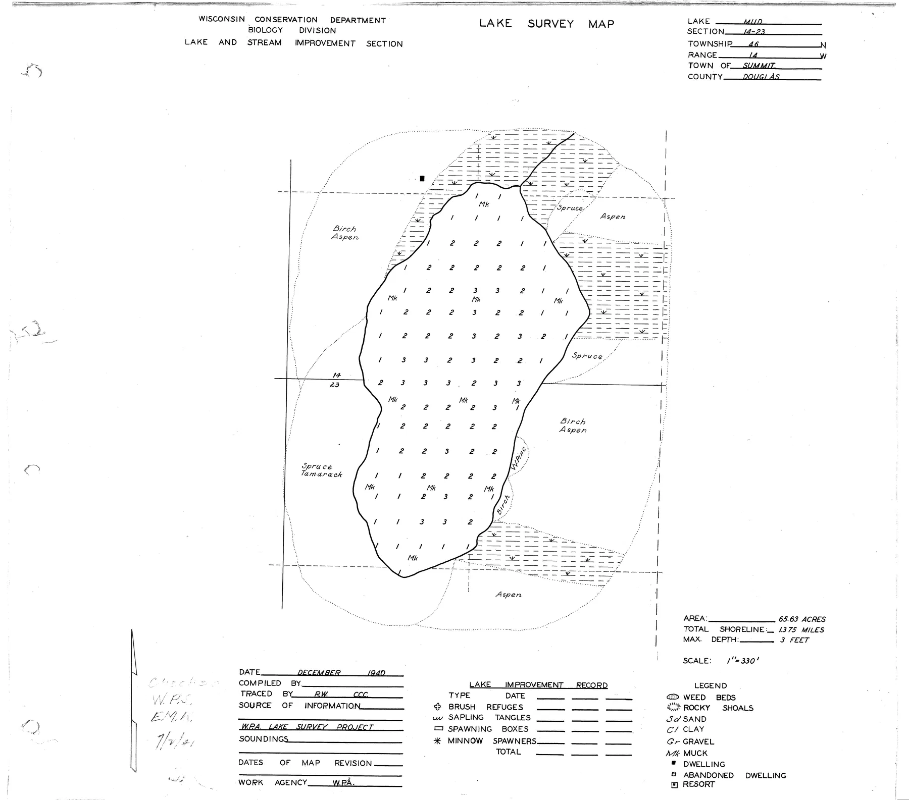 Mud Lake historical Wisconsin DNR depth map sheet 1