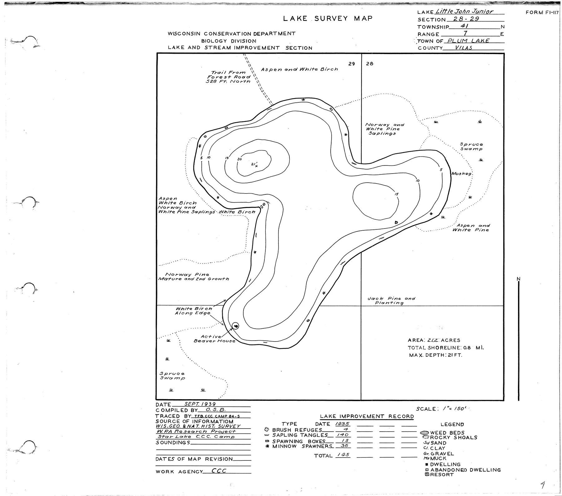Little John Junior Lake historical Wisconsin DNR depth map sheet 1