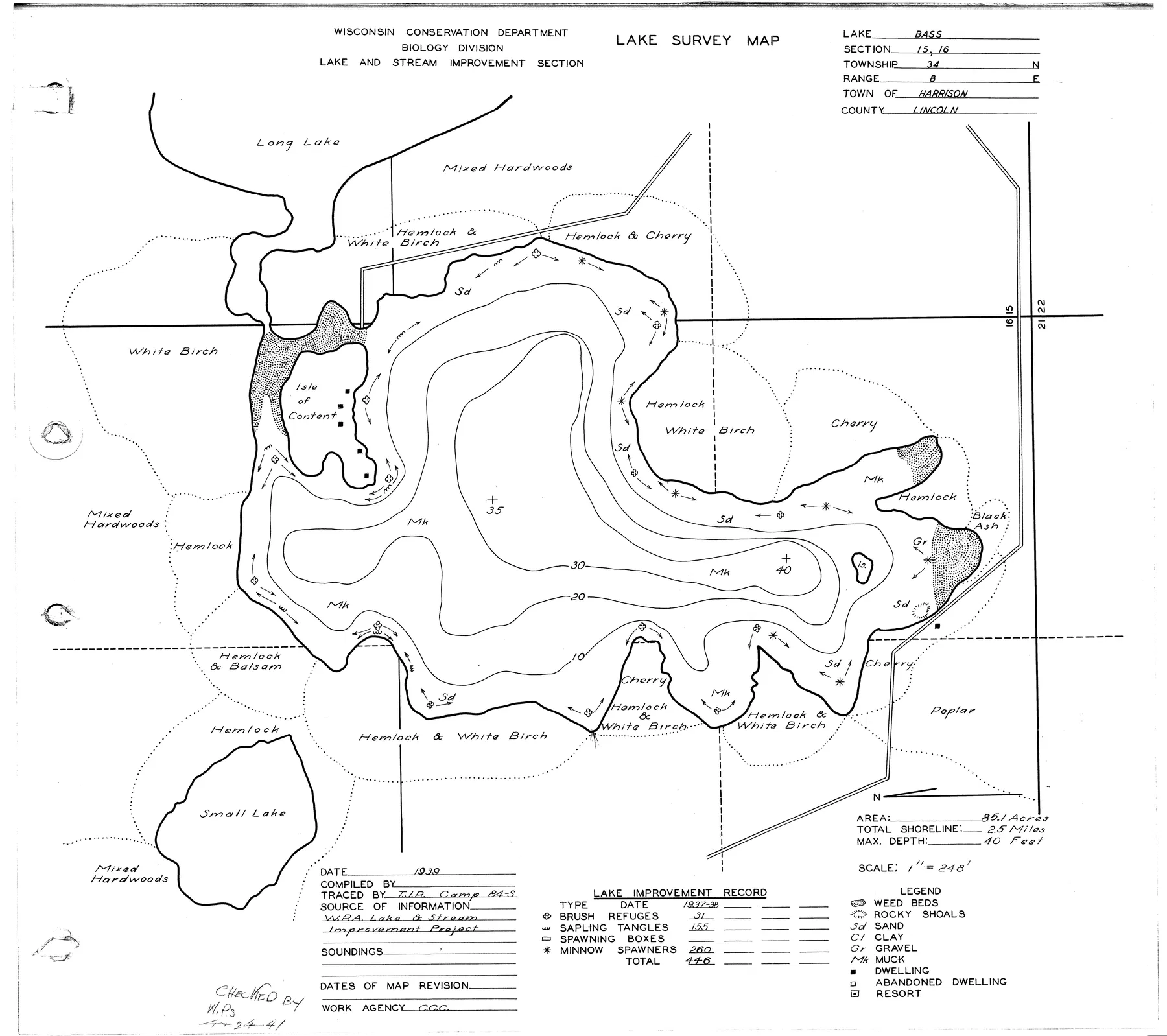 Bass Lake historical Wisconsin DNR depth map sheet 1