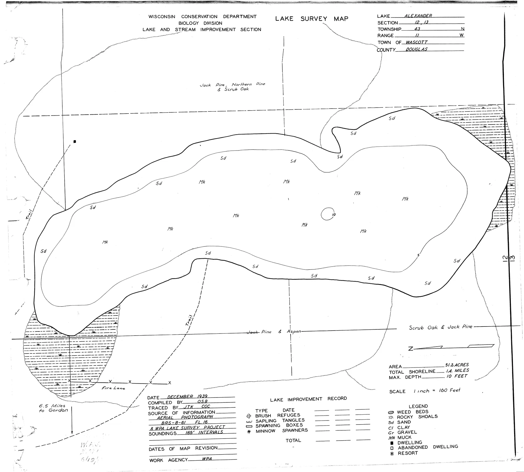 Alexander Lake historical Wisconsin DNR depth map sheet 1