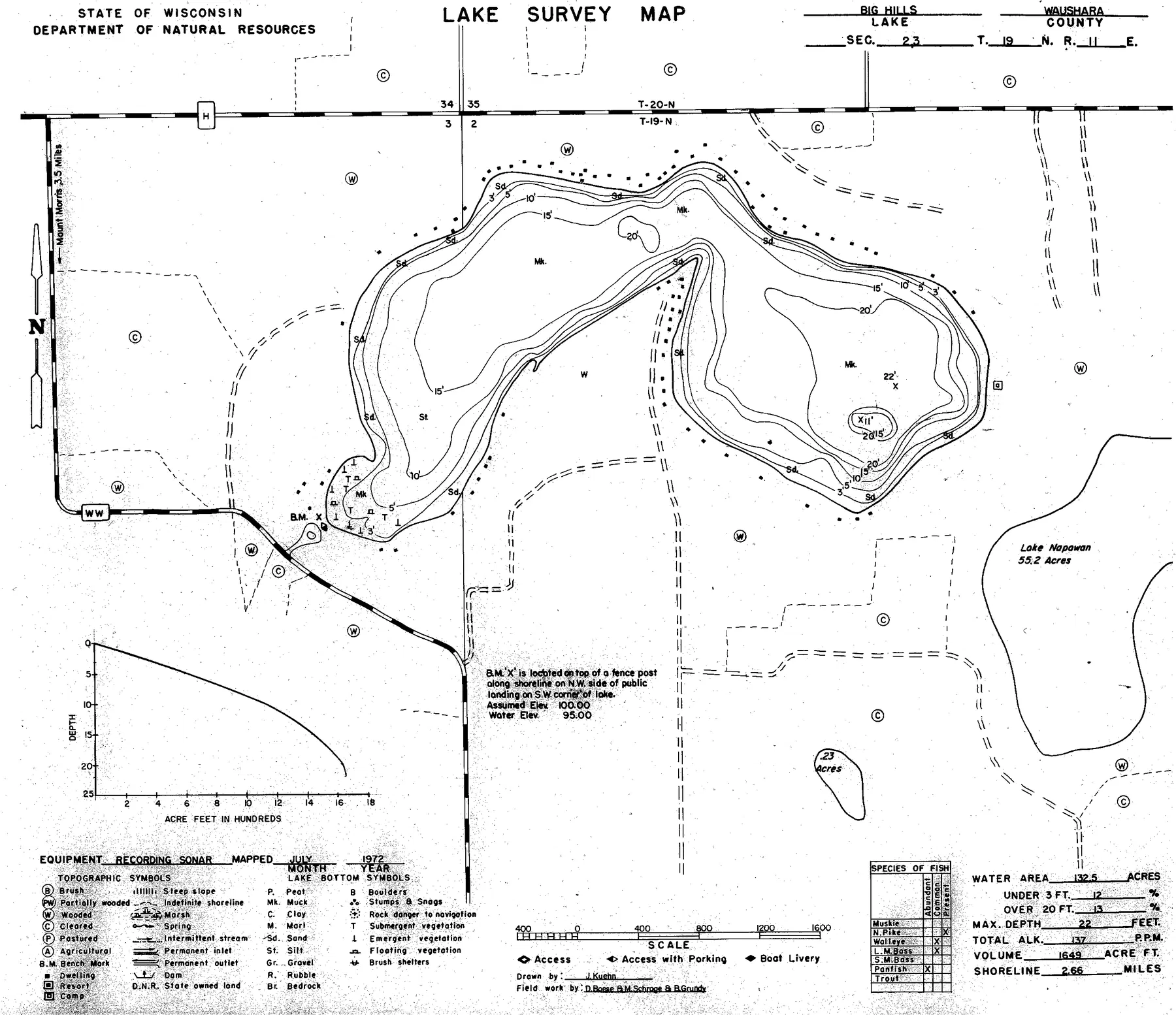 Hills Lake historical Wisconsin DNR depth map sheet 1