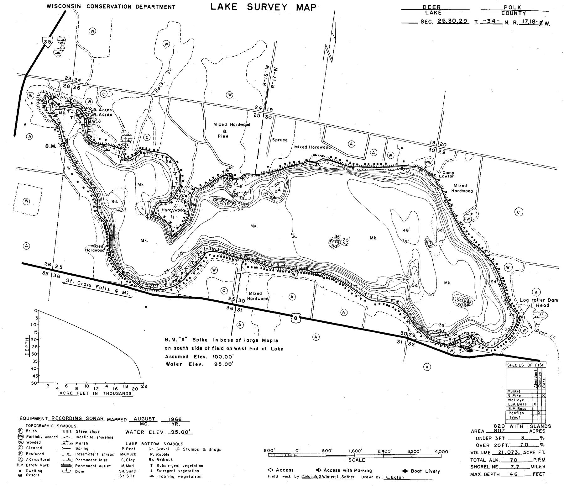 Deer Lake historical Wisconsin DNR depth map sheet 1