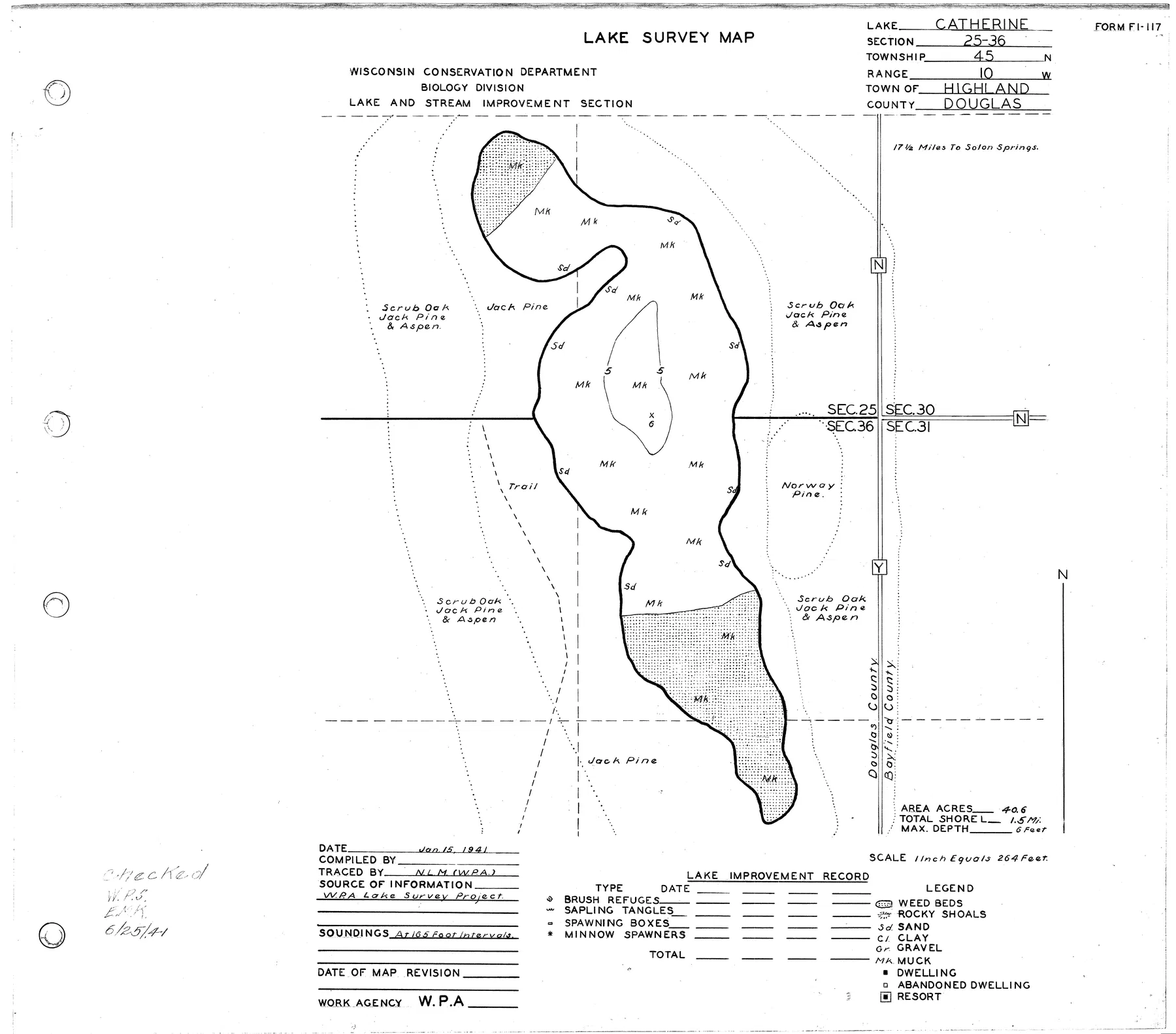 Catherine Lake historical Wisconsin DNR depth map sheet 1