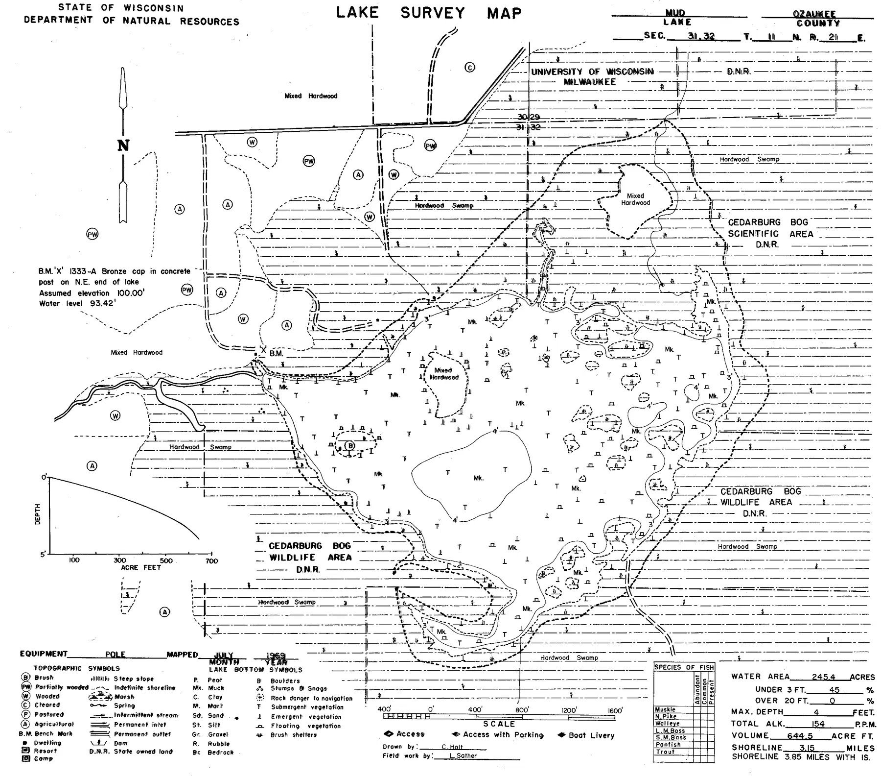 Mud Lake historical Wisconsin DNR depth map sheet 1