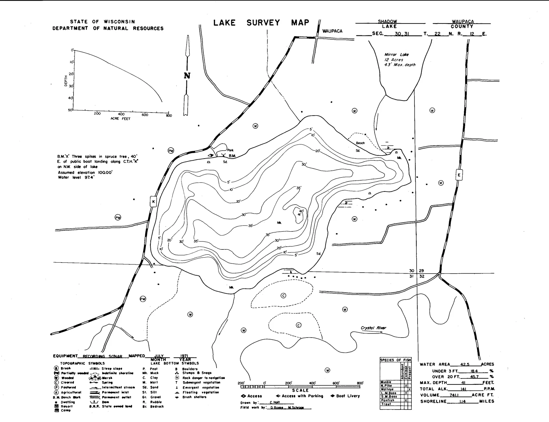 Shadow Lake historical Wisconsin DNR depth map sheet 1