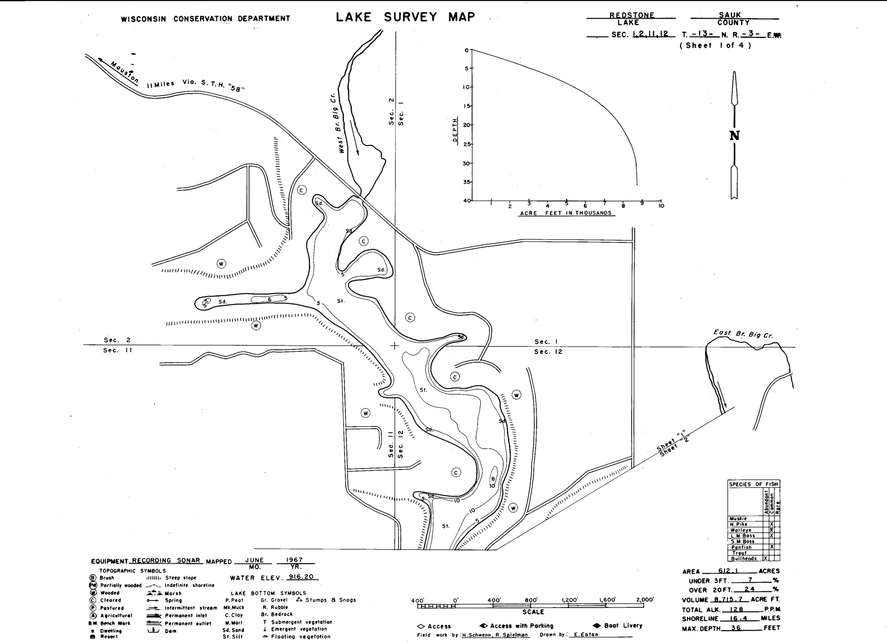 Lake Redstone historical Wisconsin DNR depth map sheet 1
