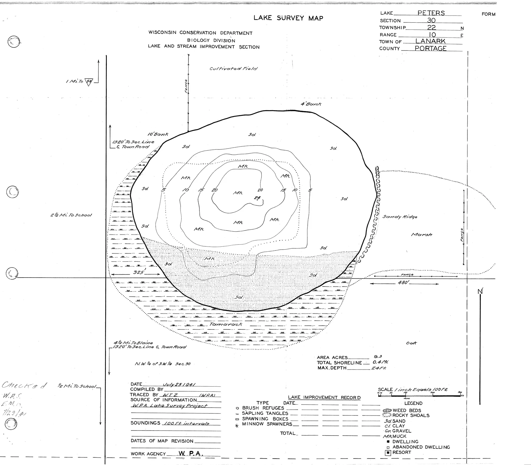 Peters Lake historical Wisconsin DNR depth map sheet 1