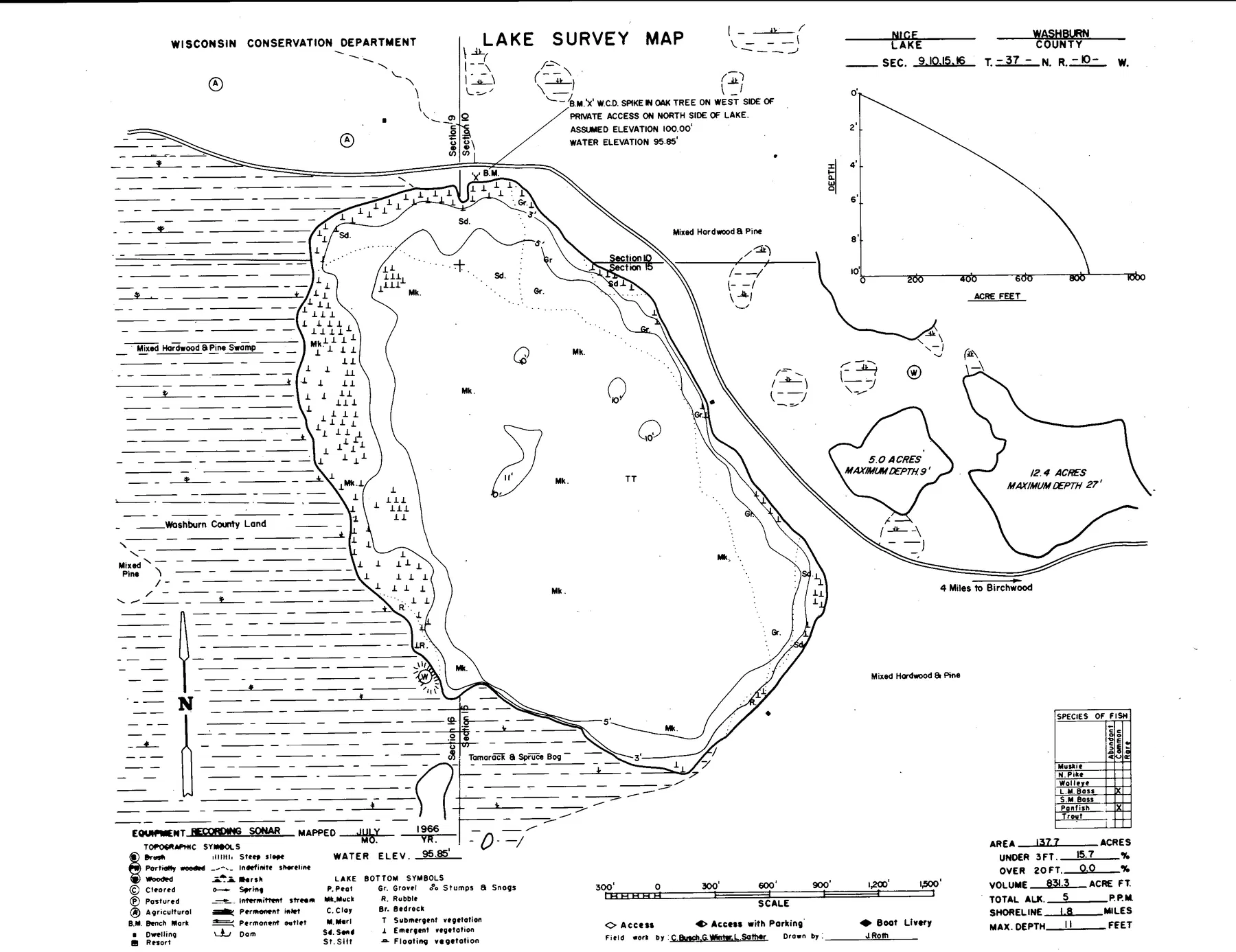 Nice Lake historical Wisconsin DNR depth map sheet 1