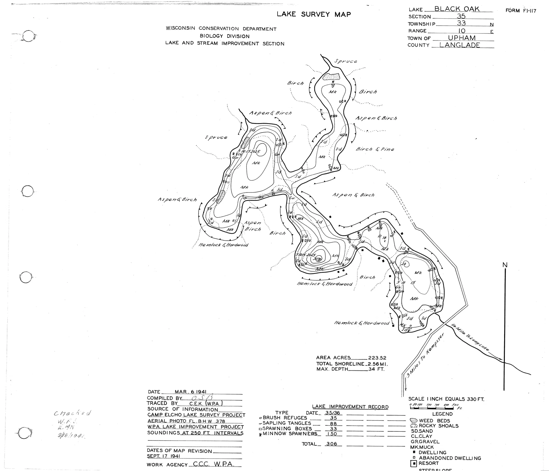 Black Oak Lake historical Wisconsin DNR depth map sheet 1