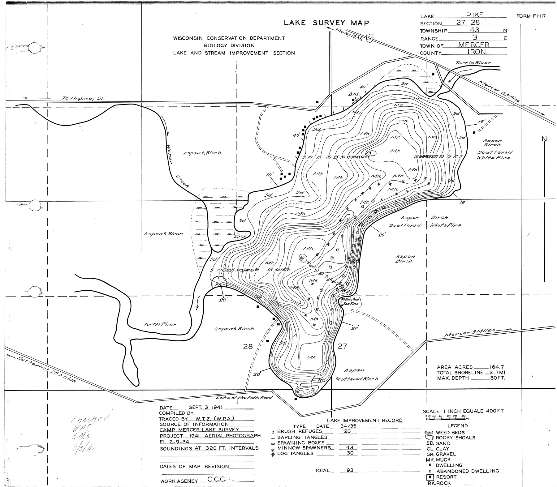 Pike Lake historical Wisconsin DNR depth map sheet 1