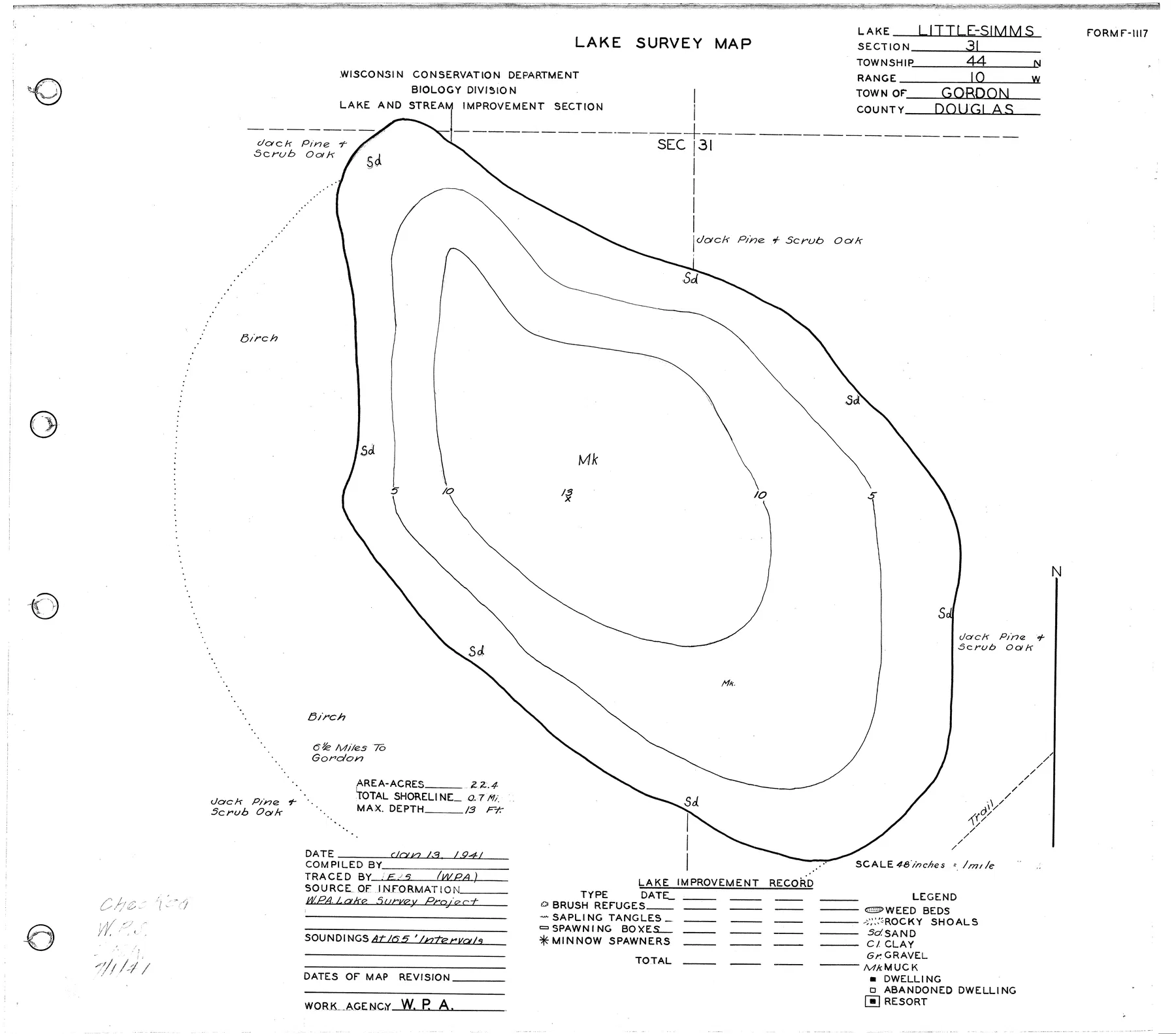 Little Simms Lake historical Wisconsin DNR depth map sheet 1