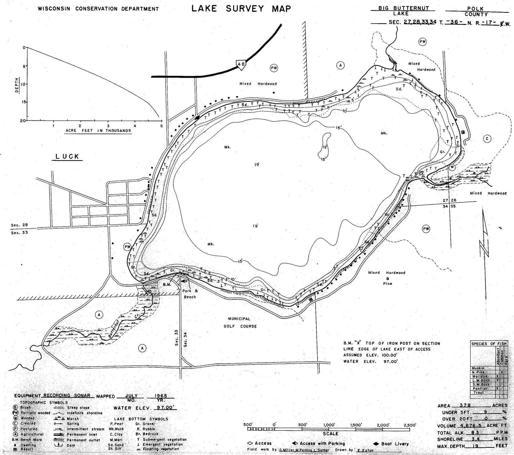 Big Butternut Lake historical Wisconsin DNR depth map sheet 1