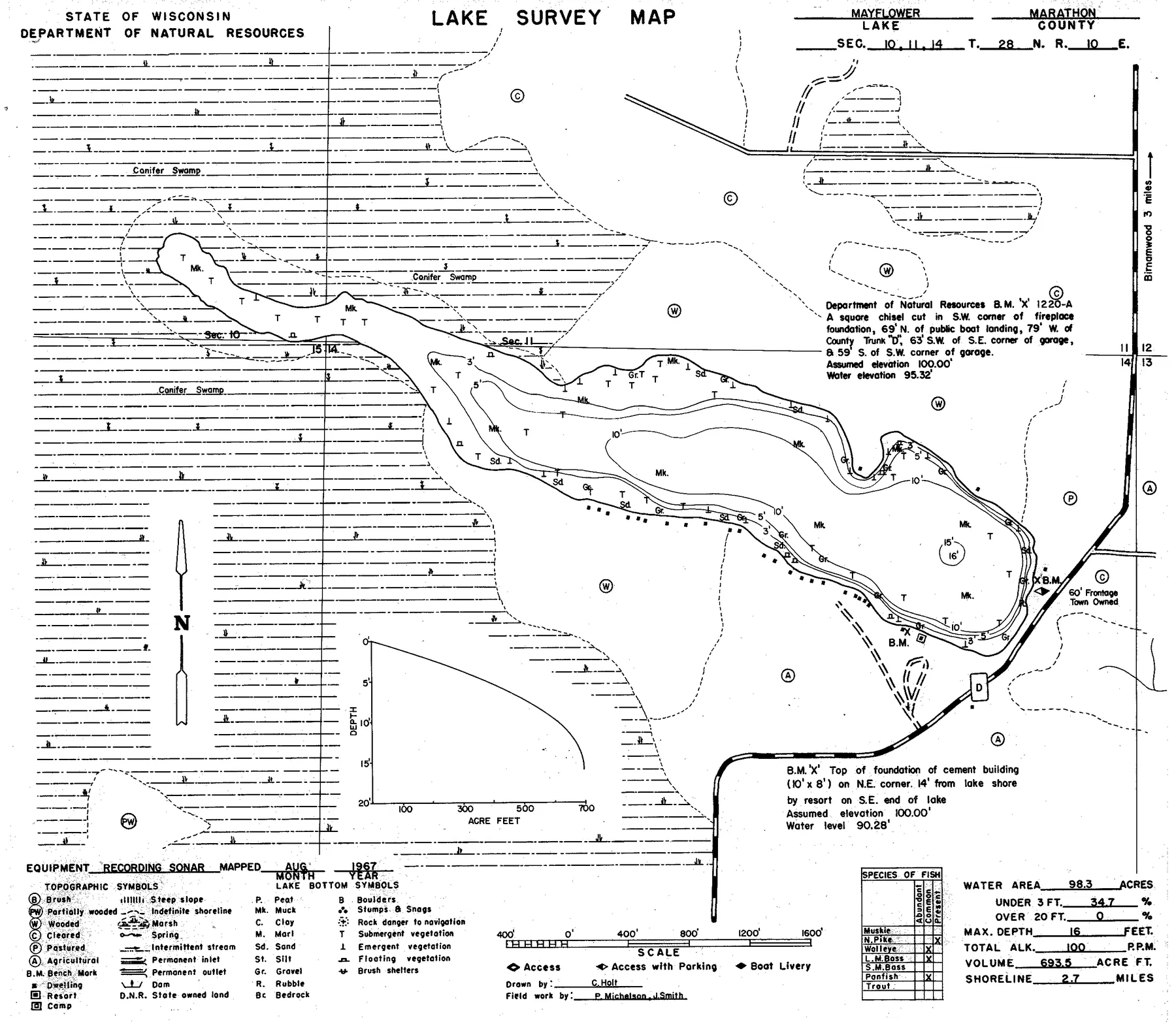 Mayflower Lake historical Wisconsin DNR depth map sheet 1