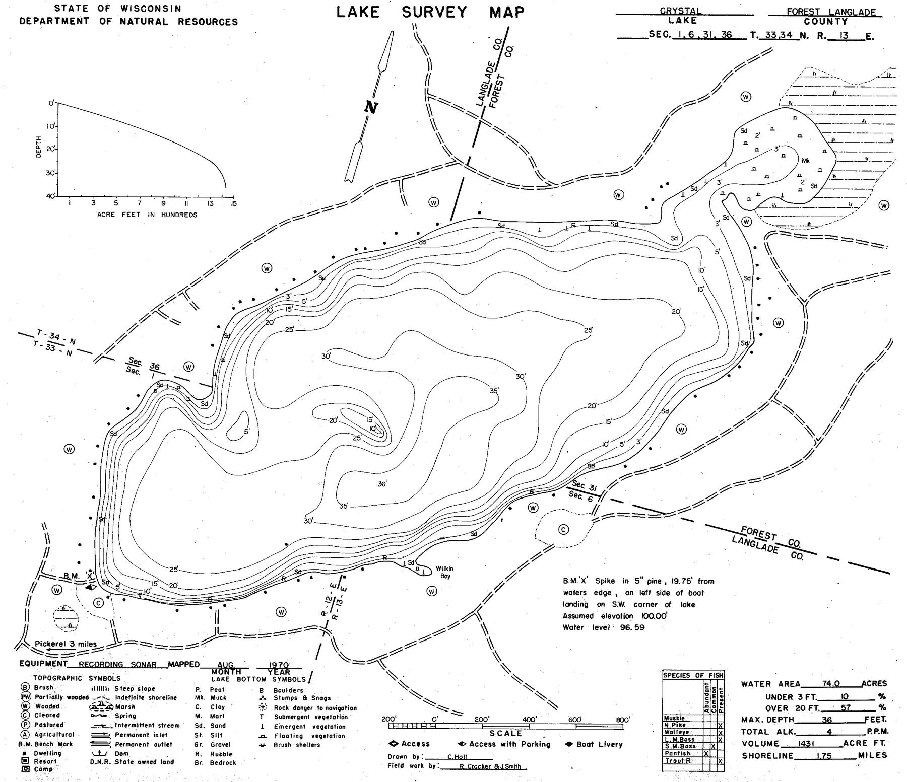 Crystal Lake historical Wisconsin DNR depth map sheet 1