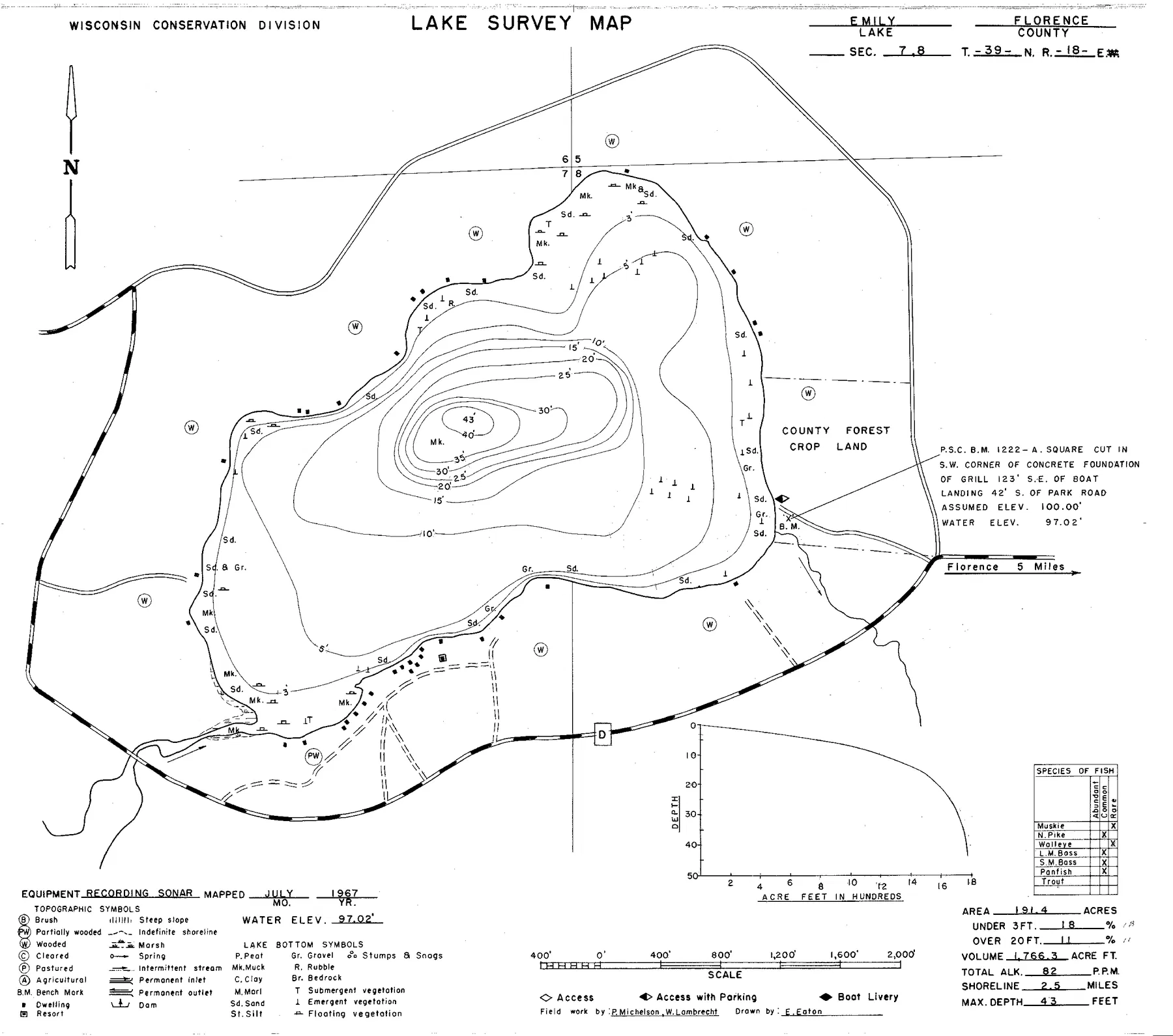 Emily Lake historical Wisconsin DNR depth map sheet 1
