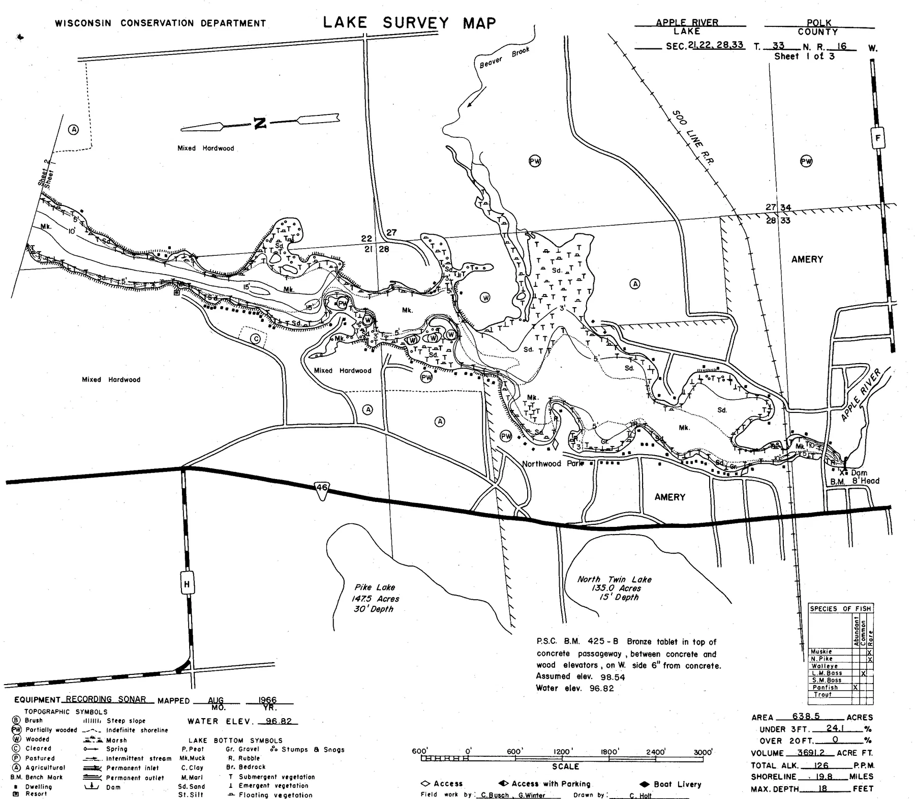 Apple River Flowage historical Wisconsin DNR depth map sheet 1