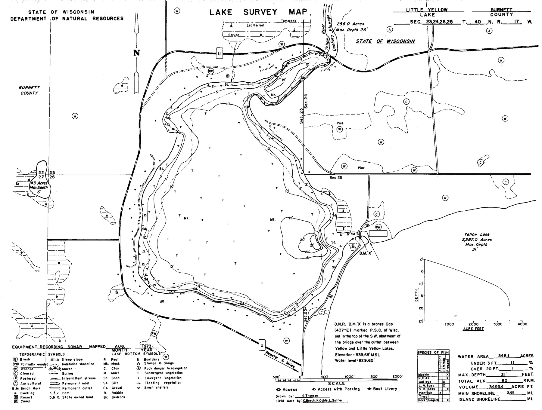 Little Yellow Lake historical Wisconsin DNR depth map sheet 1