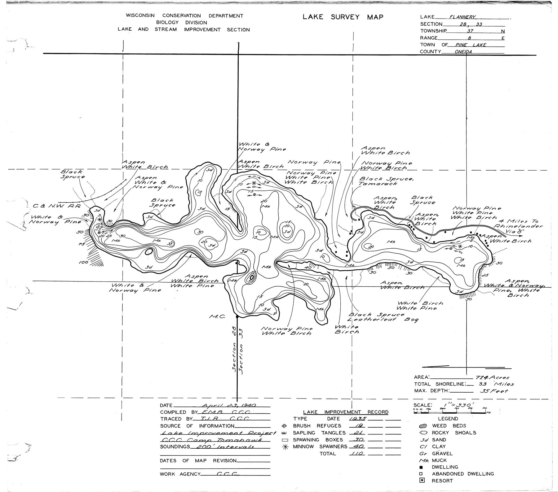 Flannery Lake historical Wisconsin DNR depth map sheet 1