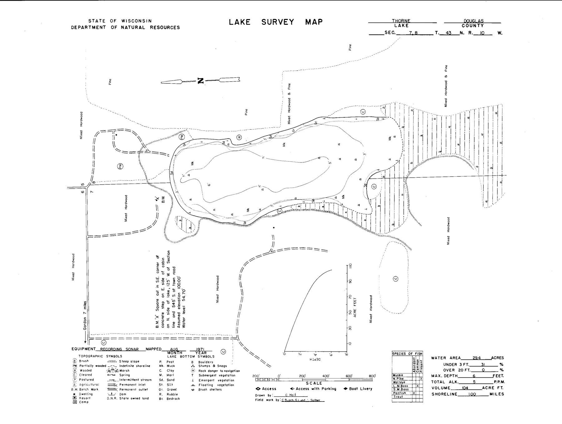 Thorn Lake historical Wisconsin DNR depth map sheet 1