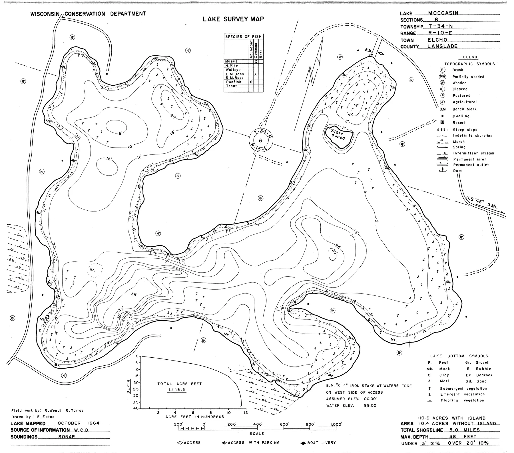 Moccasin Lake historical Wisconsin DNR depth map sheet 1