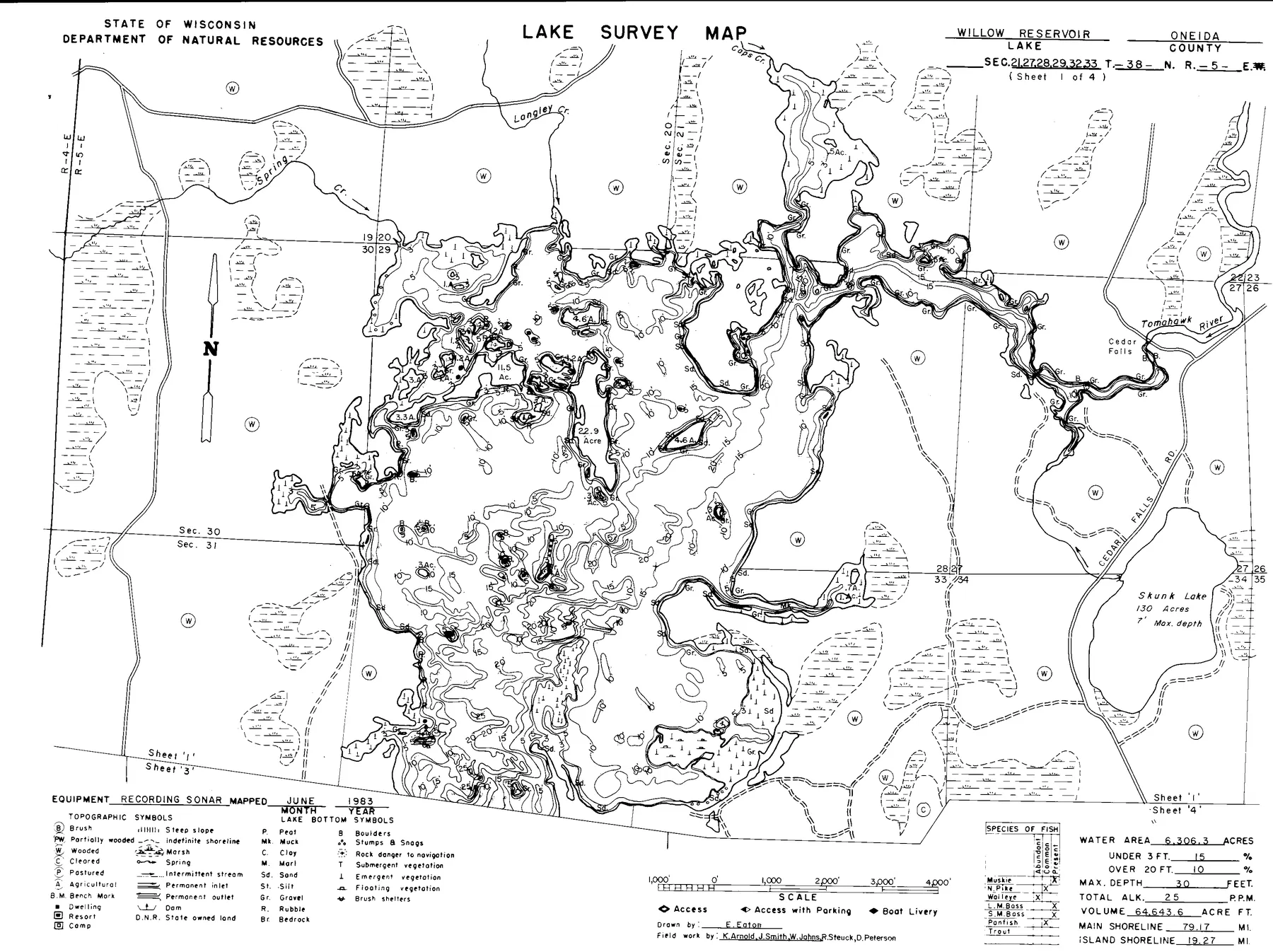 Willow Reservoir historical Wisconsin DNR depth map sheet 1