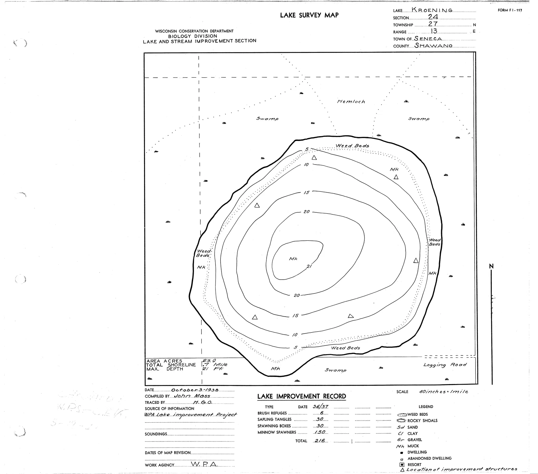 Kroening Lake historical Wisconsin DNR depth map sheet 1