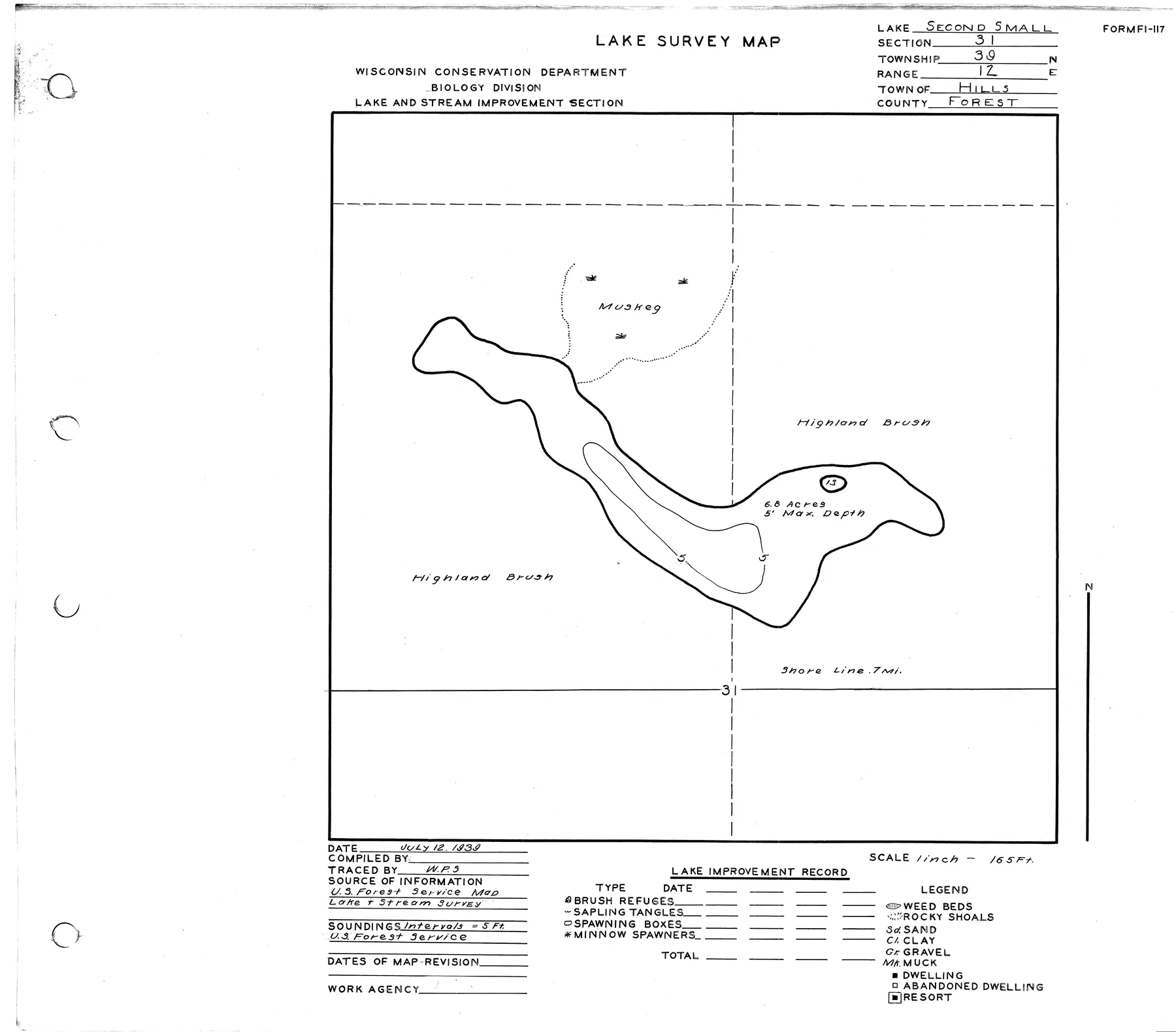 Second Small Lake historical Wisconsin DNR depth map sheet 1