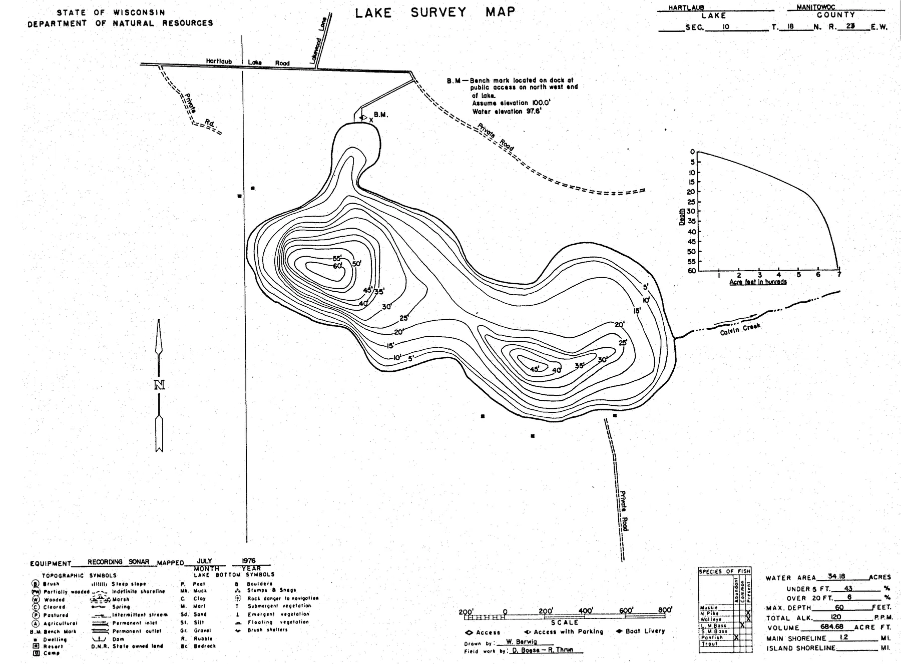 Hartlaub Lake historical Wisconsin DNR depth map sheet 1