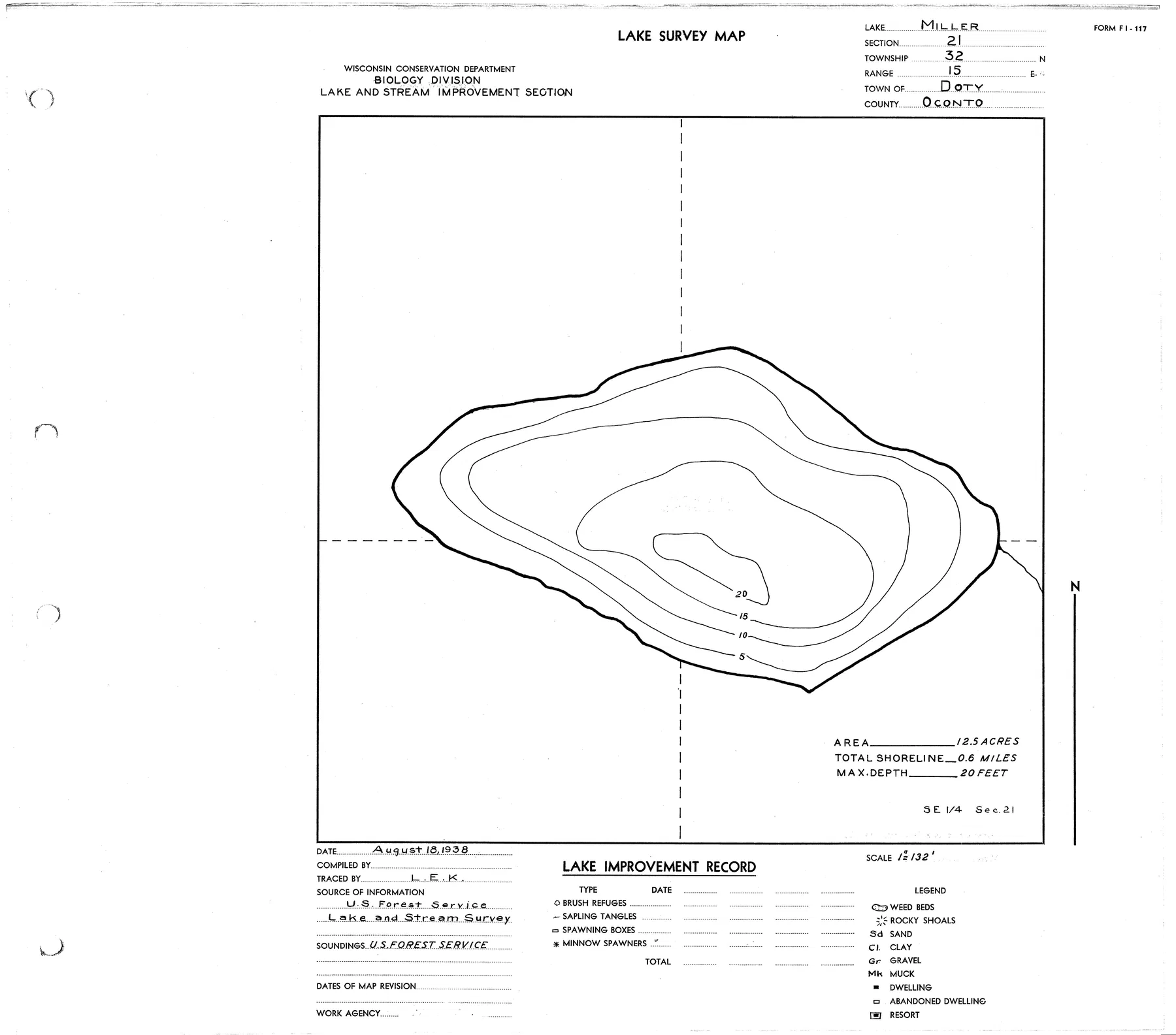Miller Lake historical Wisconsin DNR depth map sheet 1