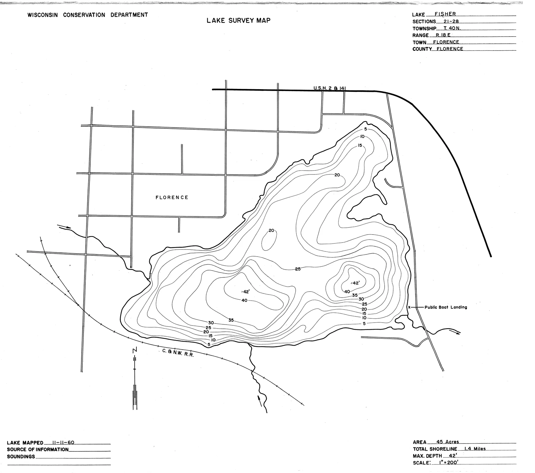 Fisher Lake historical Wisconsin DNR depth map sheet 1