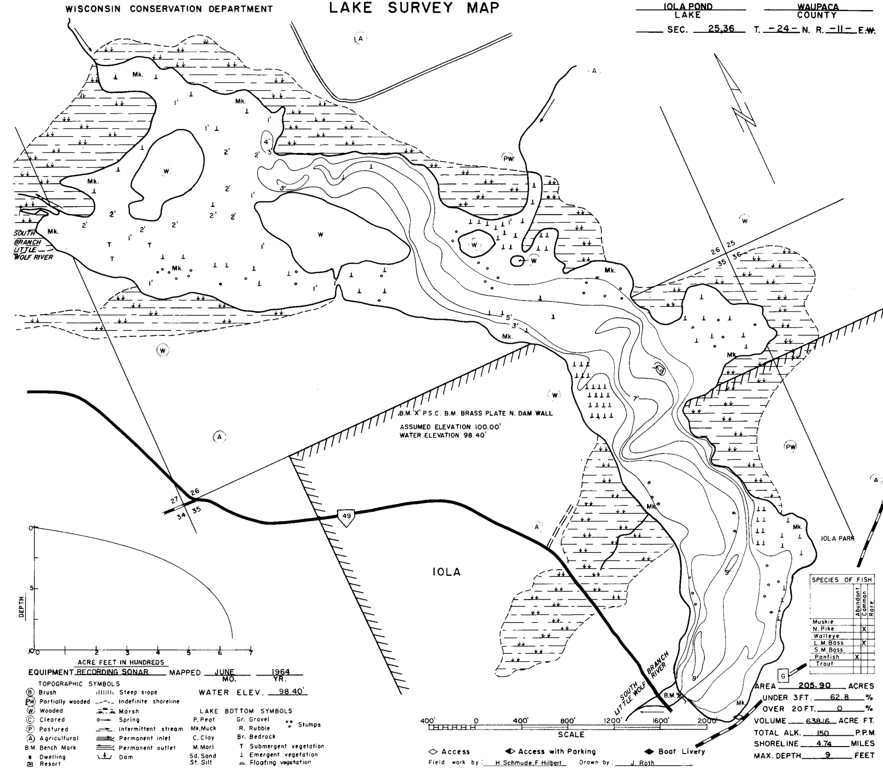 Iola Lake historical Wisconsin DNR depth map sheet 1