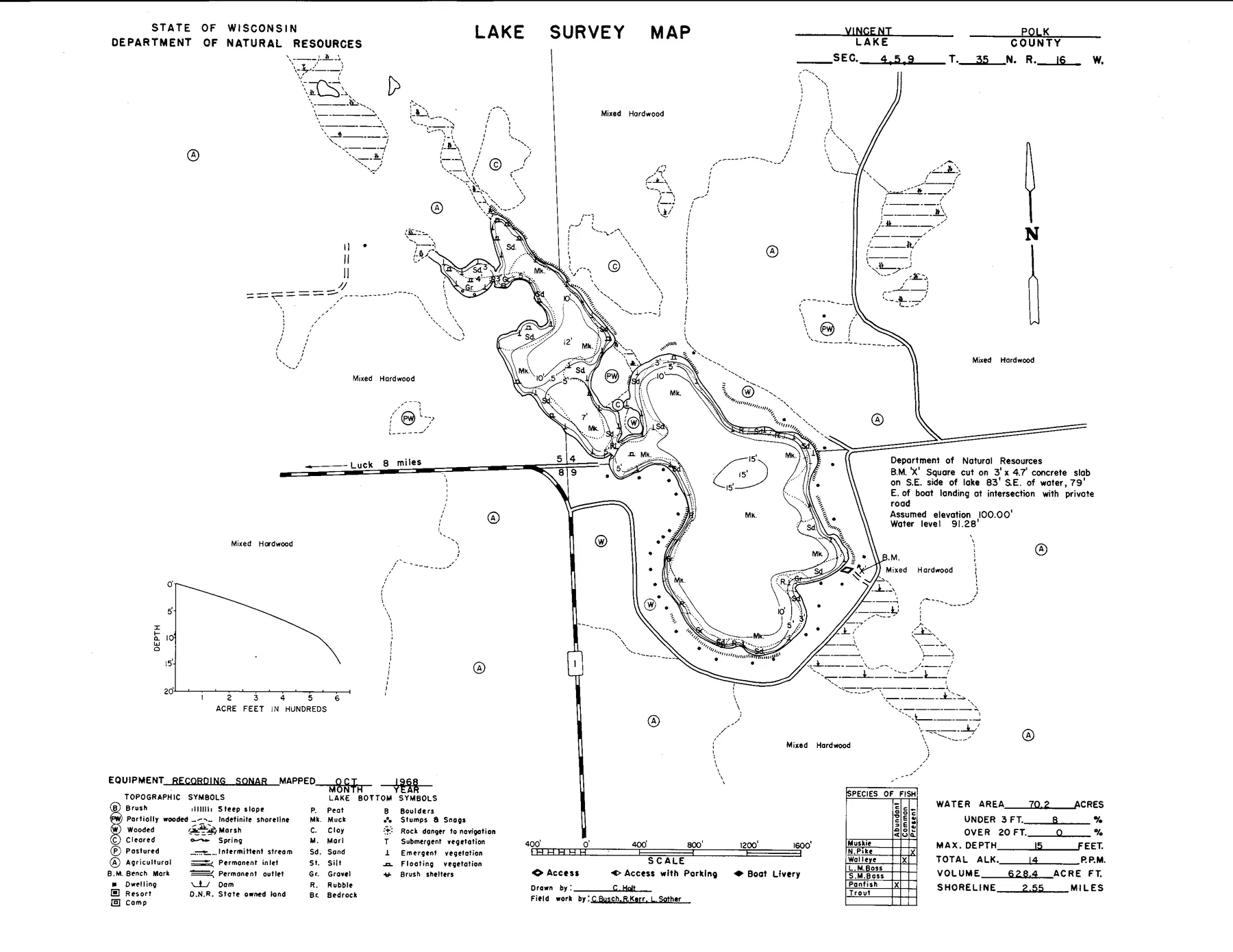 Vincent Lake historical Wisconsin DNR depth map sheet 1