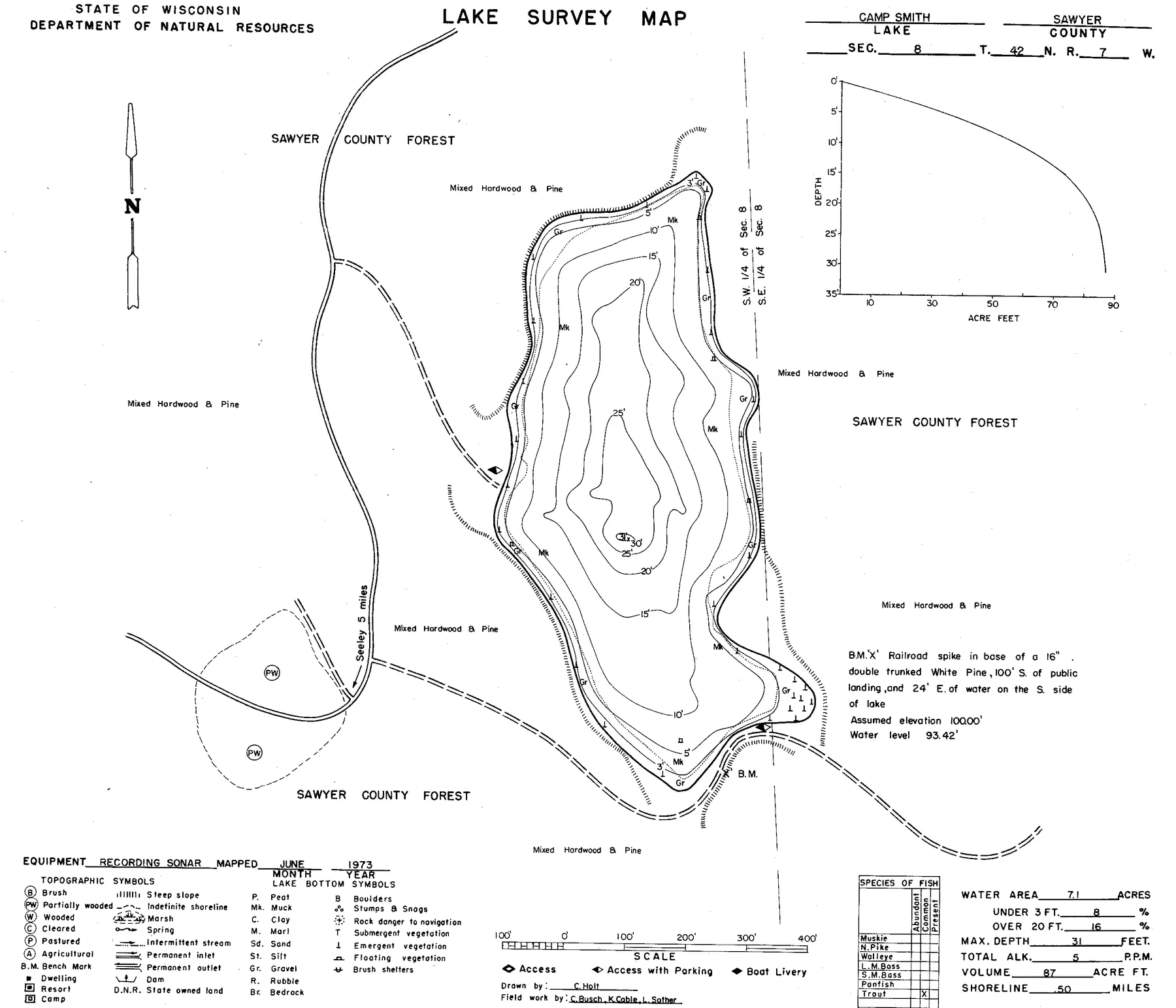 Smith Lake historical Wisconsin DNR depth map sheet 1