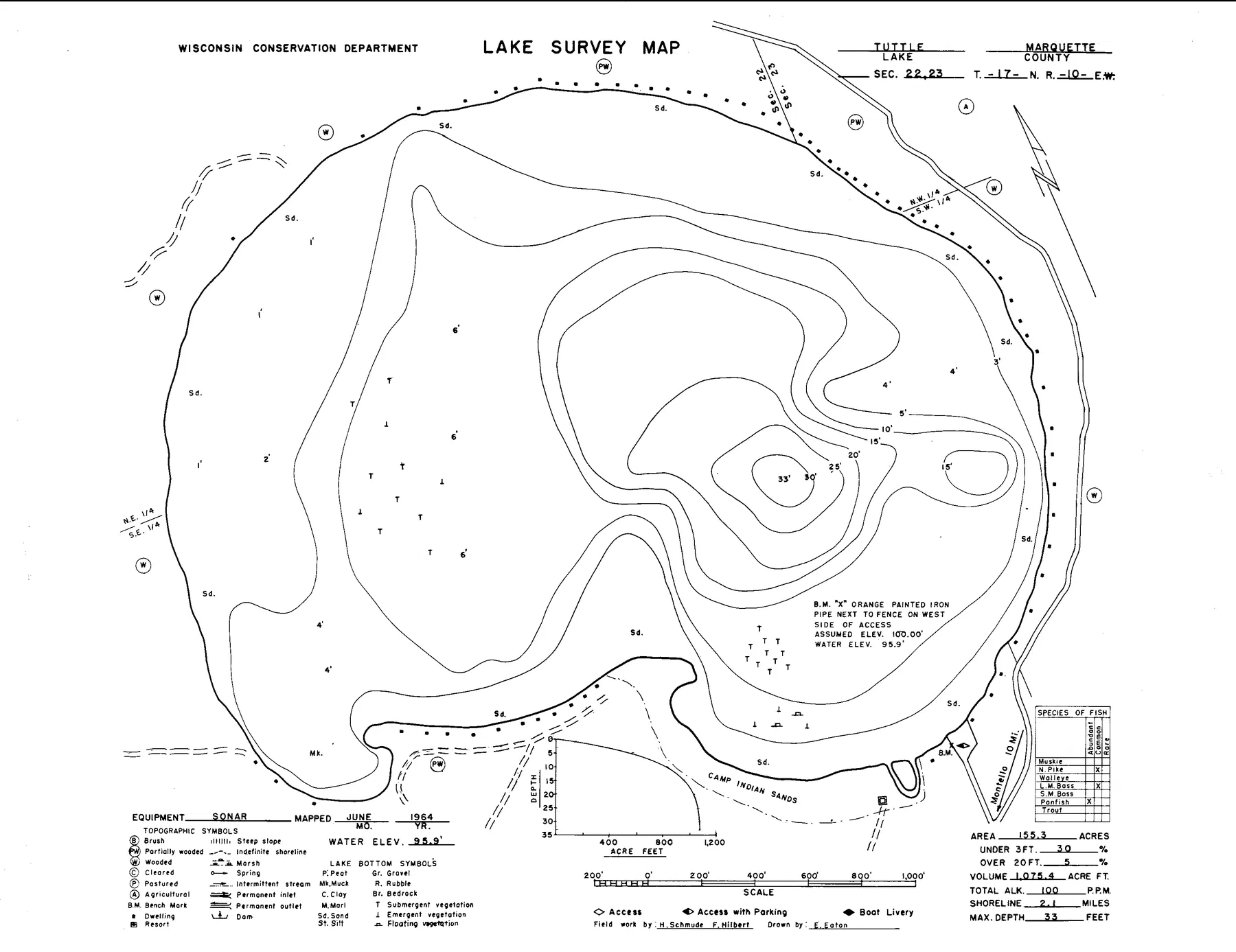 Tuttle Lake historical Wisconsin DNR depth map sheet 1