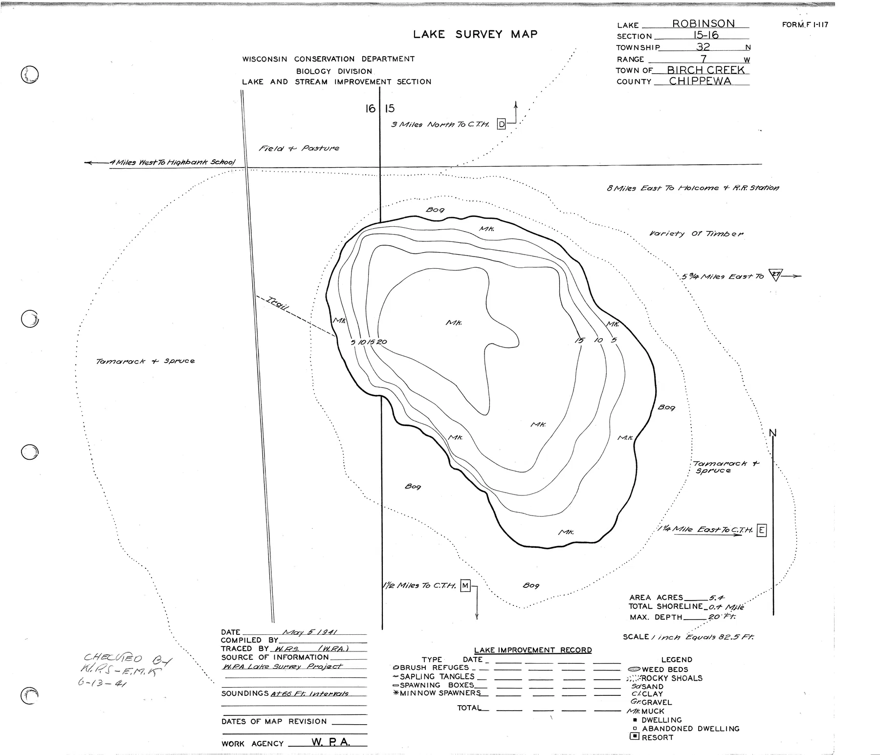 Robinson Lake historical Wisconsin DNR depth map sheet 1