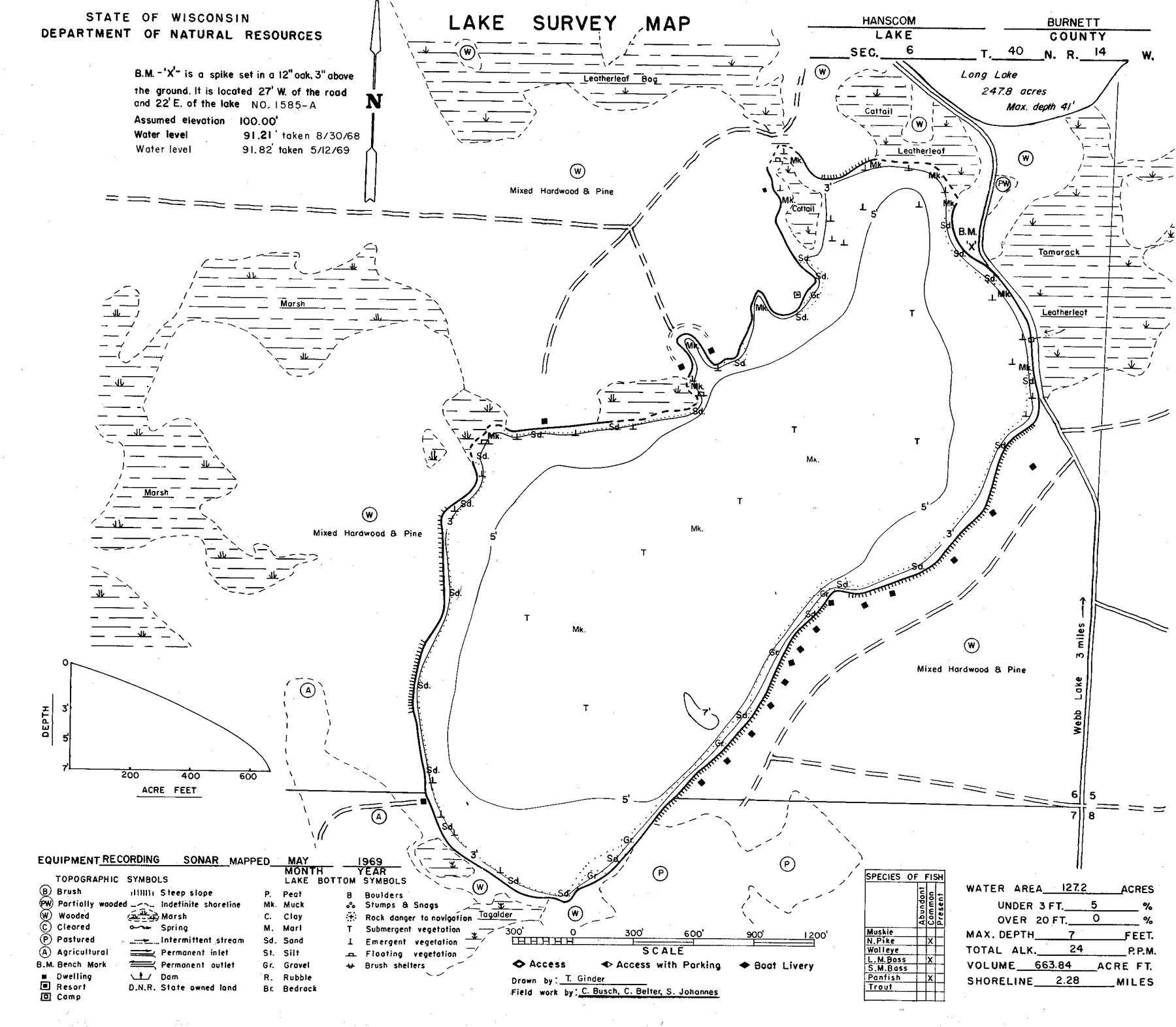 Hanscom Lake historical Wisconsin DNR depth map sheet 1