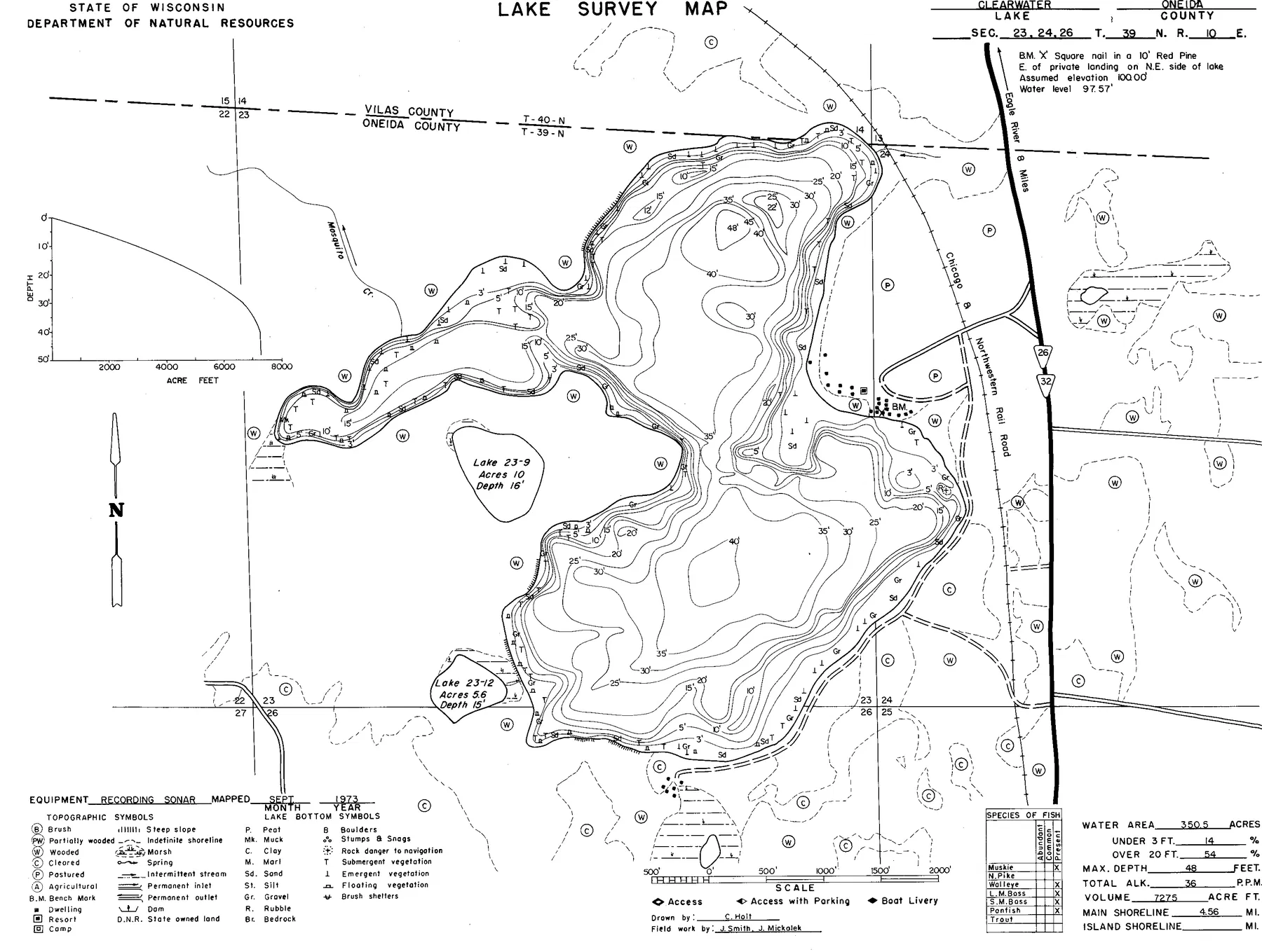 Clearwater Lake historical Wisconsin DNR depth map sheet 1