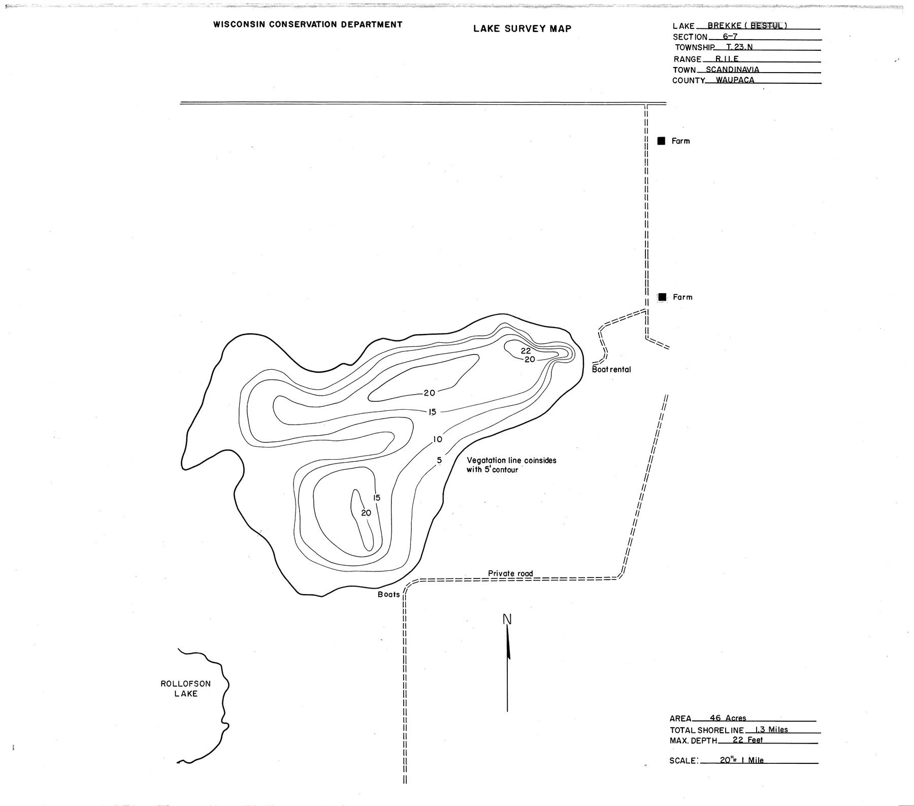 Brekke Lake historical Wisconsin DNR depth map sheet 1