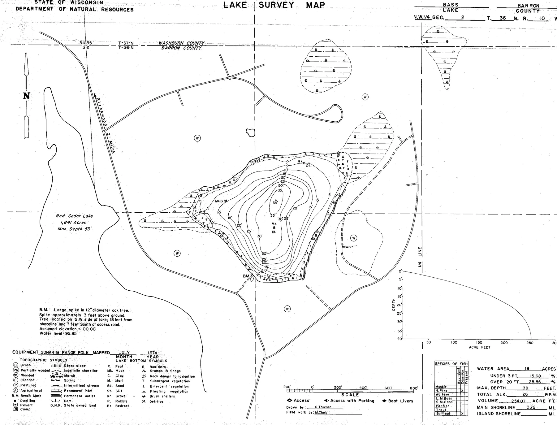Bass Lake historical Wisconsin DNR depth map sheet 1
