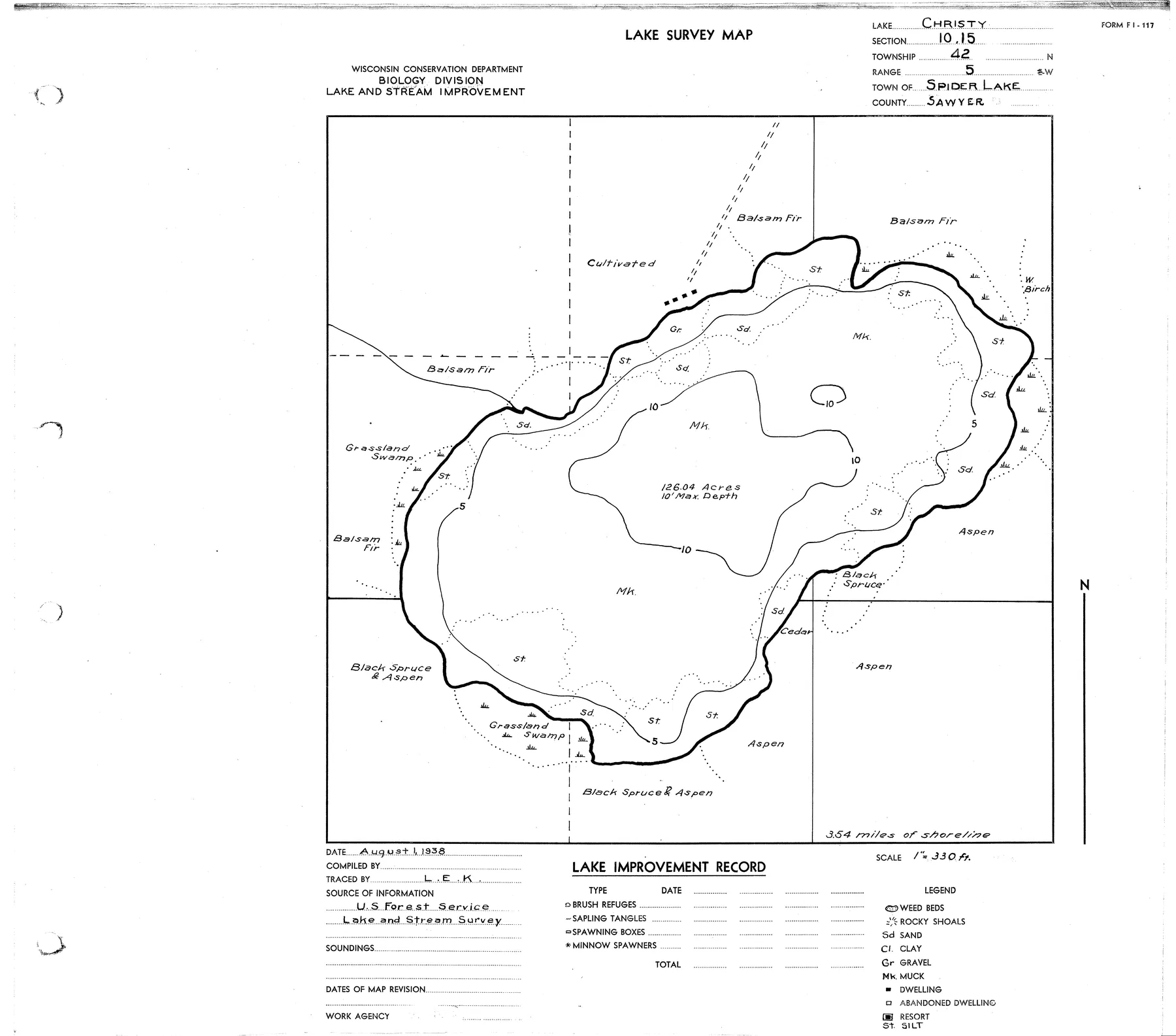 Christy Lake historical Wisconsin DNR depth map sheet 1