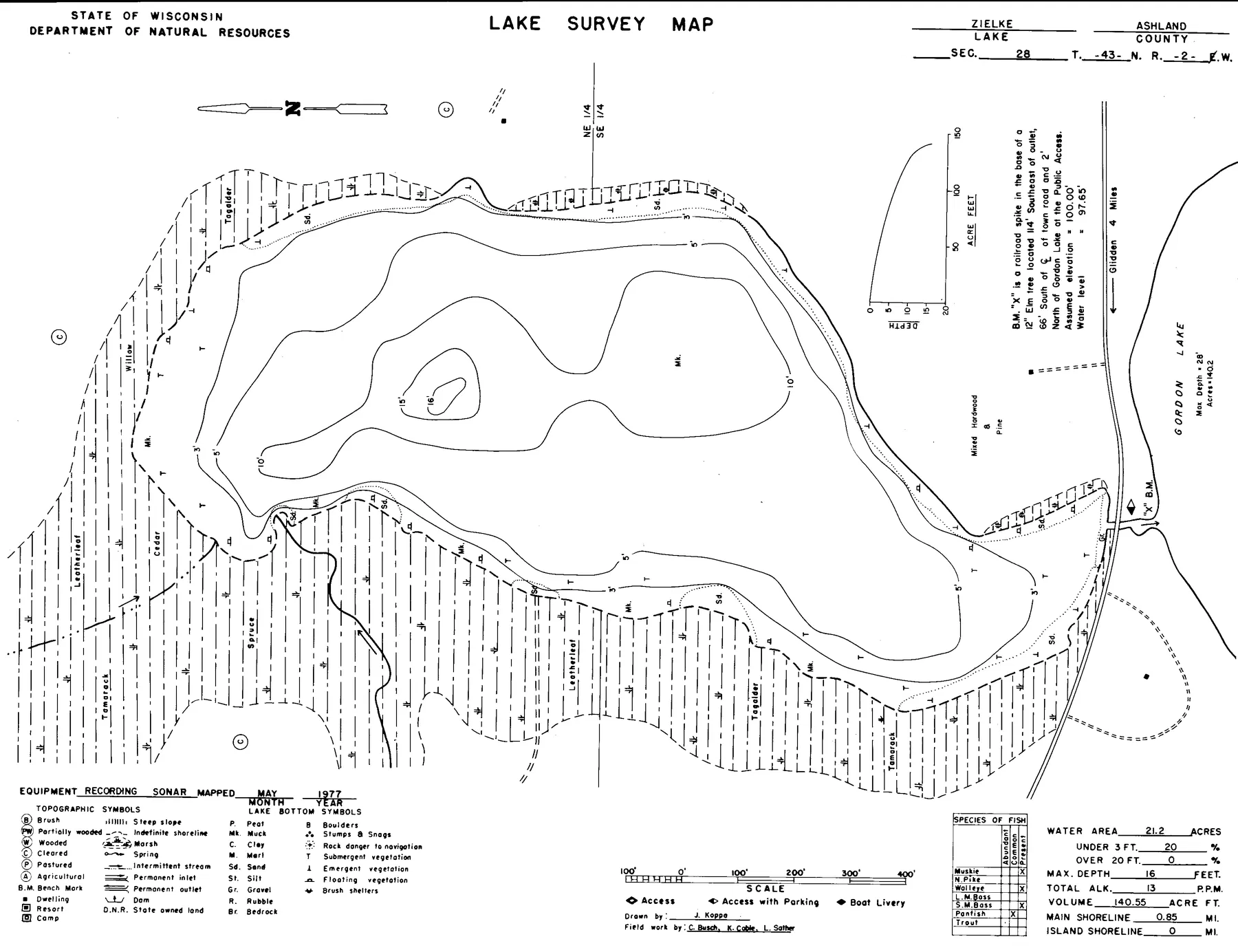 Zielke Lake historical Wisconsin DNR depth map sheet 1