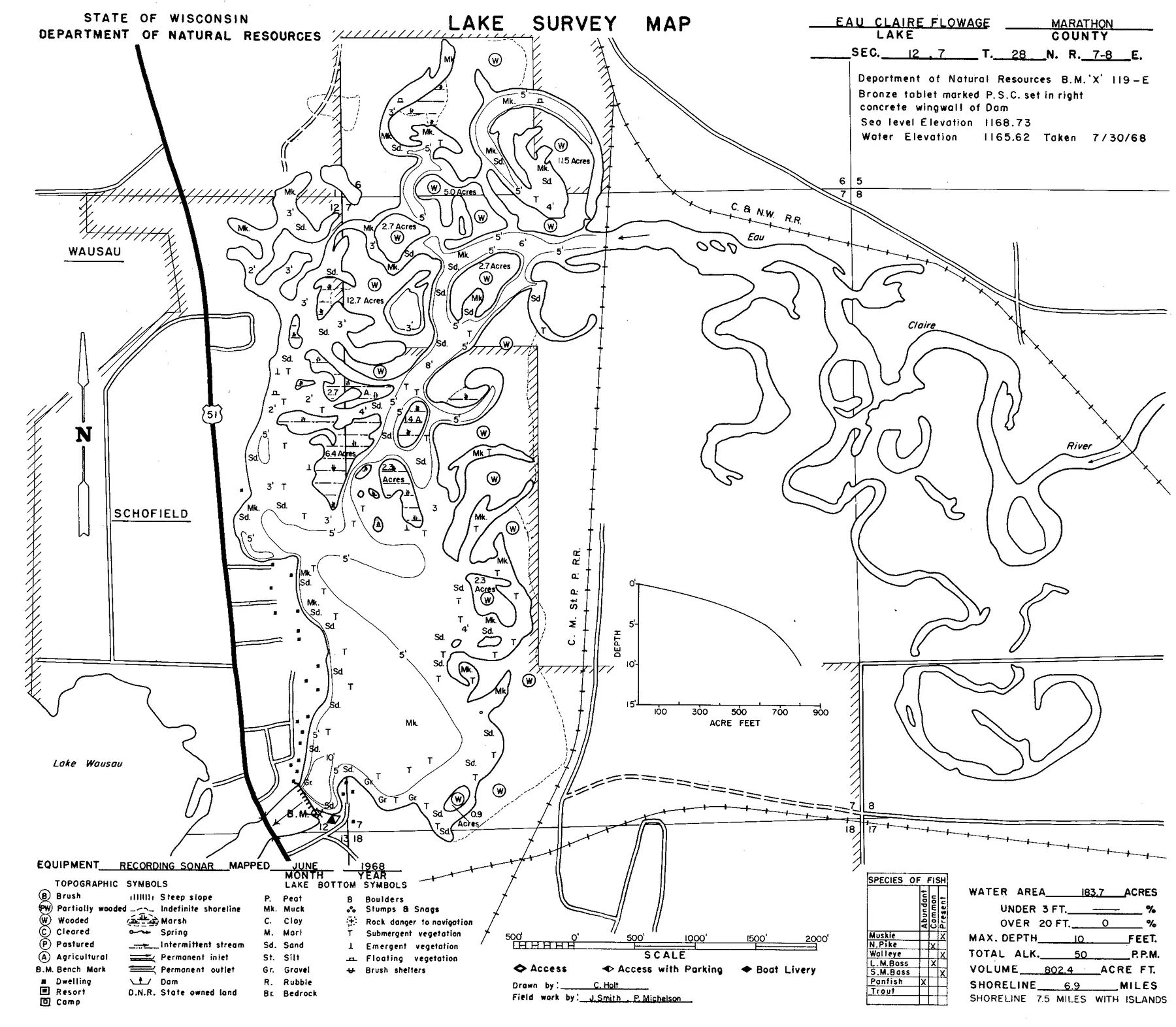 Eau Claire Flowage historical Wisconsin DNR depth map sheet 1