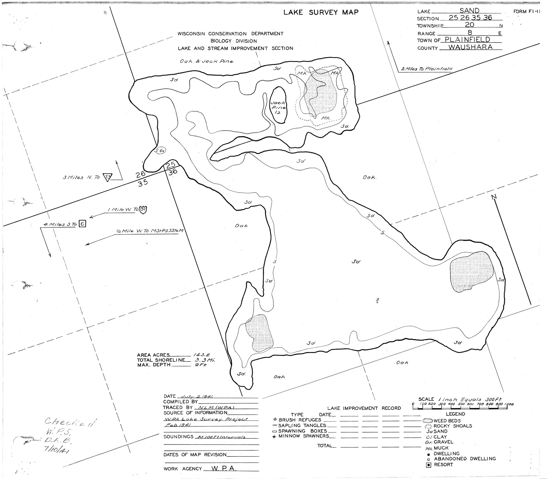 Sand Lake historical Wisconsin DNR depth map sheet 1