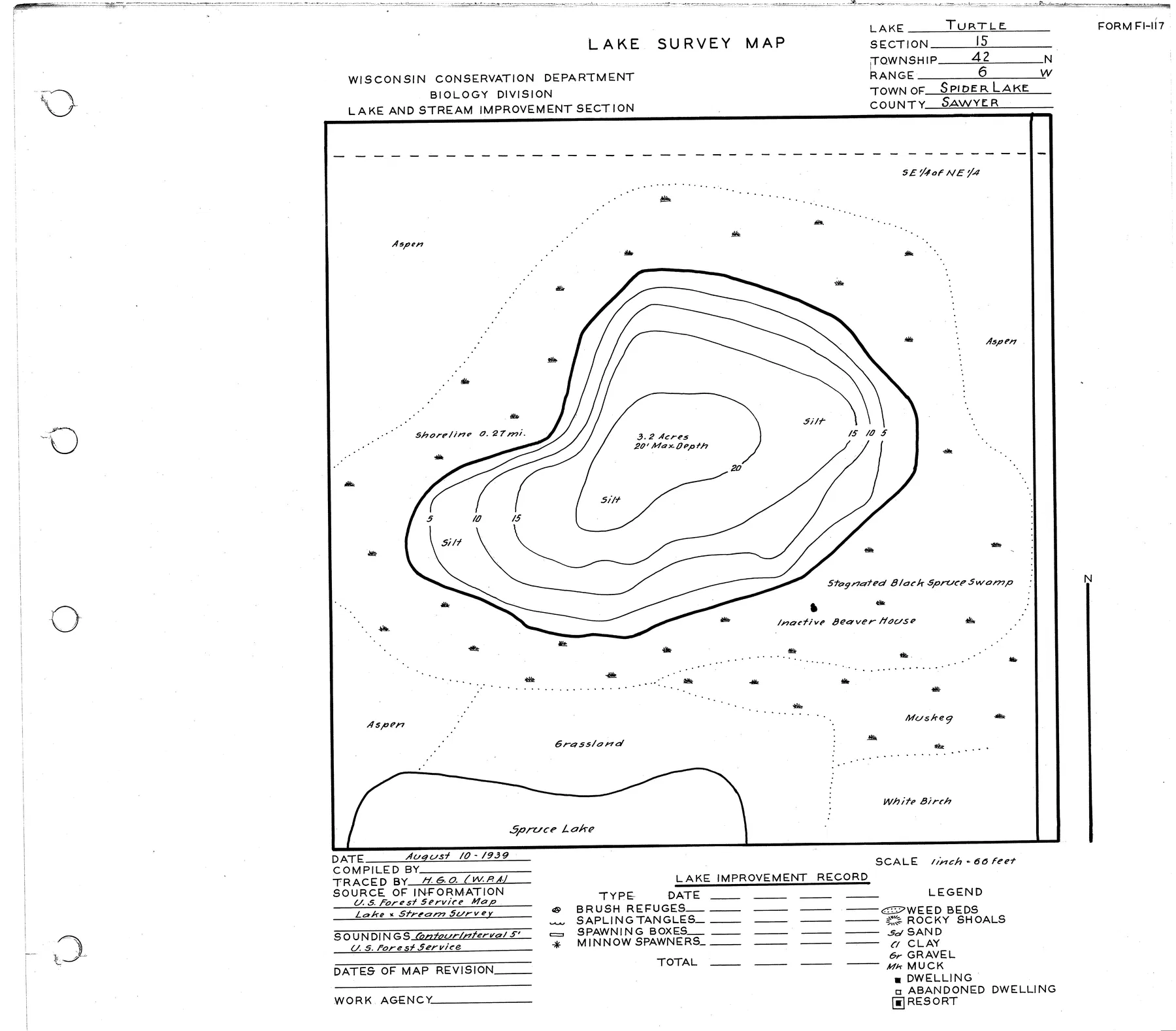 Turtle Lake historical Wisconsin DNR depth map sheet 1