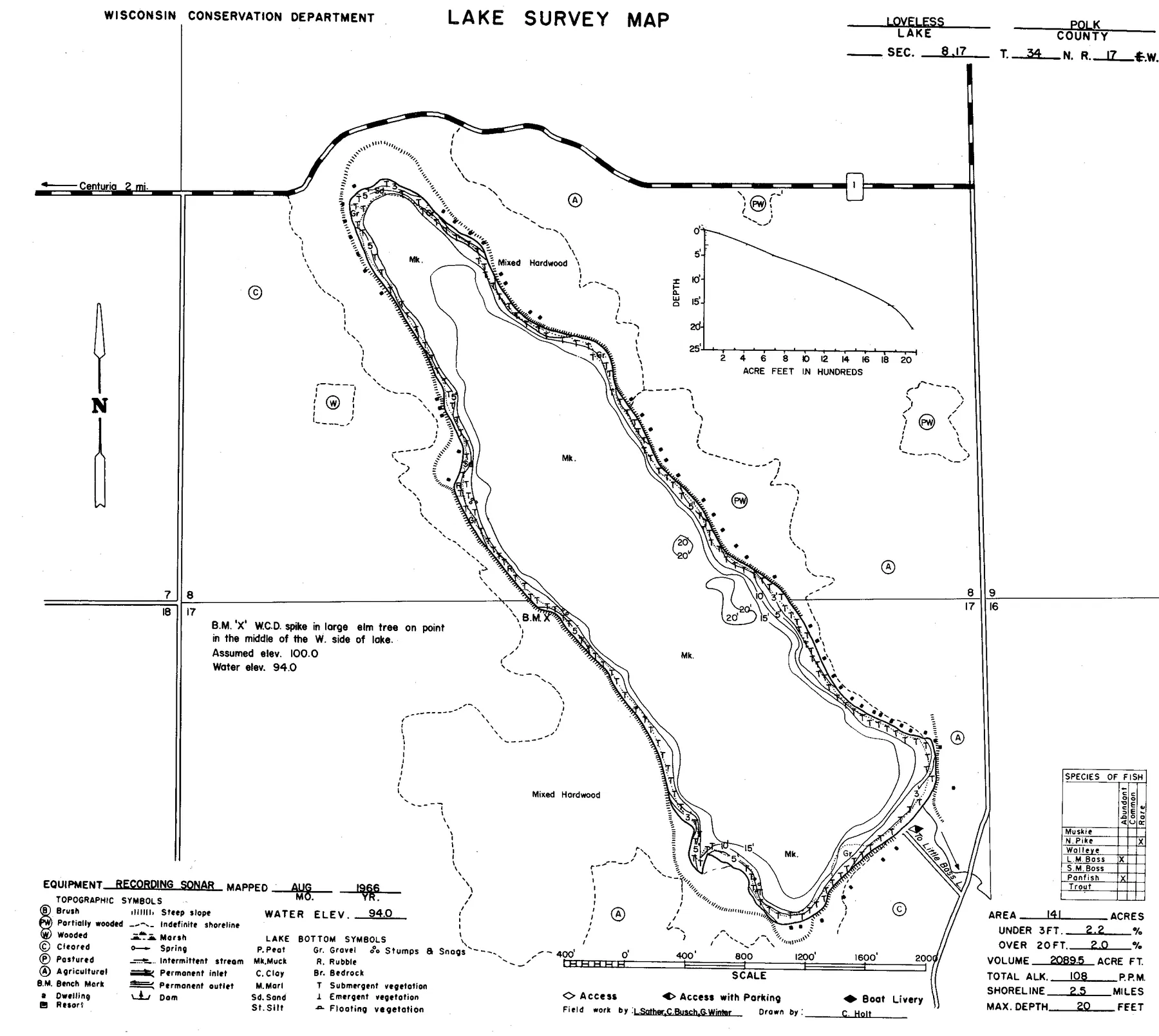 Loveless Lake historical Wisconsin DNR depth map sheet 1